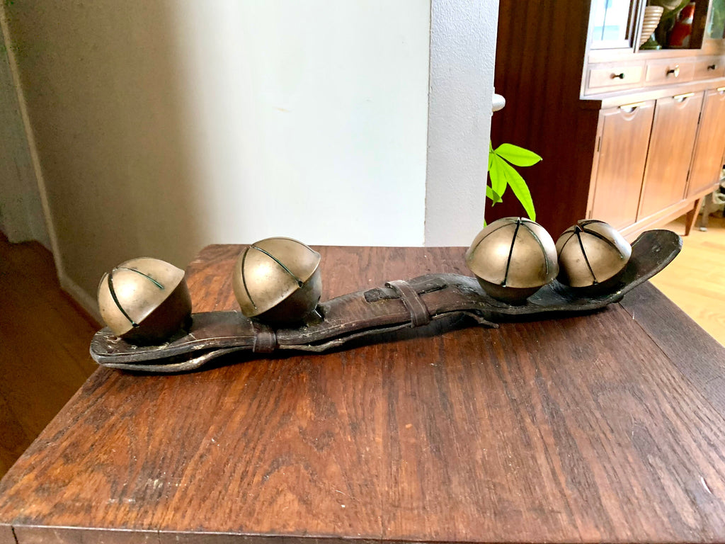 Set of 4 Brass Sleigh Bells | Swedish Style Sleigh Bells | Hip Sleigh Bells On Leather Strap | Antique Sleigh Bells | Distressed Sleigh Bells
