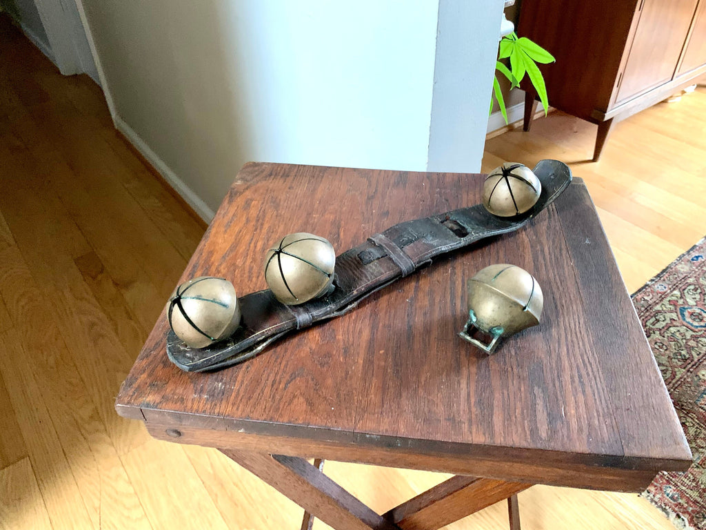 Set of 4 Brass Sleigh Bells | Swedish Style Sleigh Bells | Hip Sleigh Bells On Leather Strap | Antique Sleigh Bells | Distressed Sleigh Bells