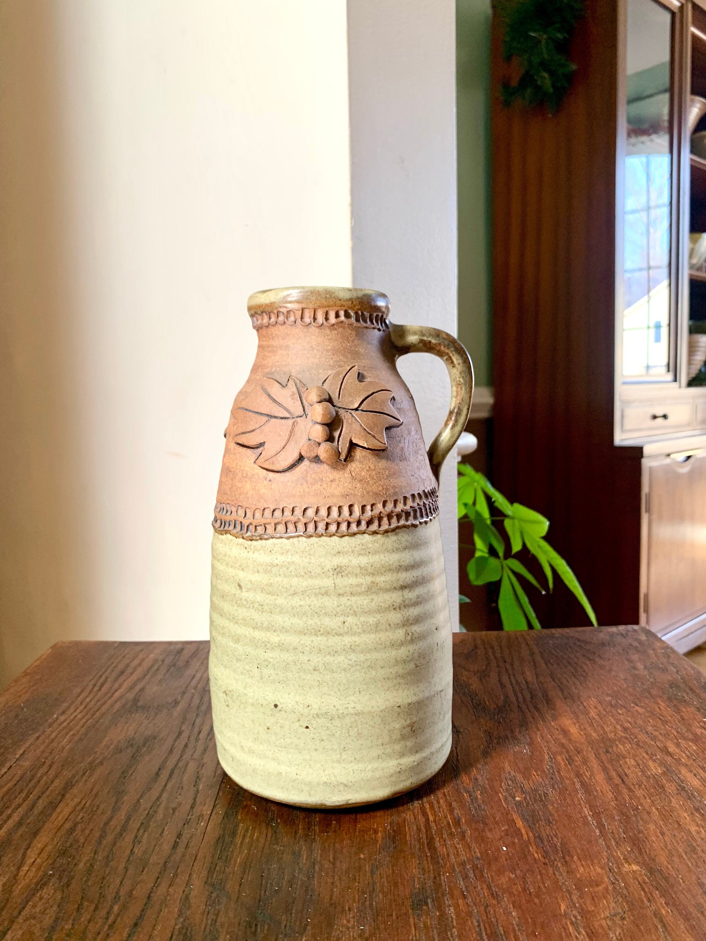Vtg Middour Stoneware Pottery | Middour Stoneware Decanter | Handmade Ceramic Bottle | Leaf Design Pottery Vase