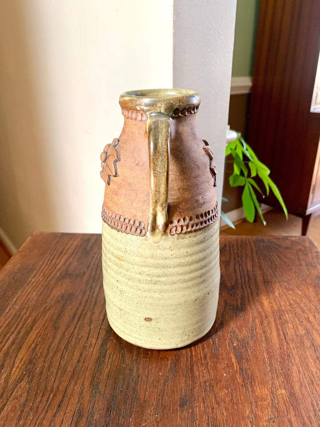 Vtg Middour Stoneware Pottery | Middour Stoneware Decanter | Handmade Ceramic Bottle | Leaf Design Pottery Vase