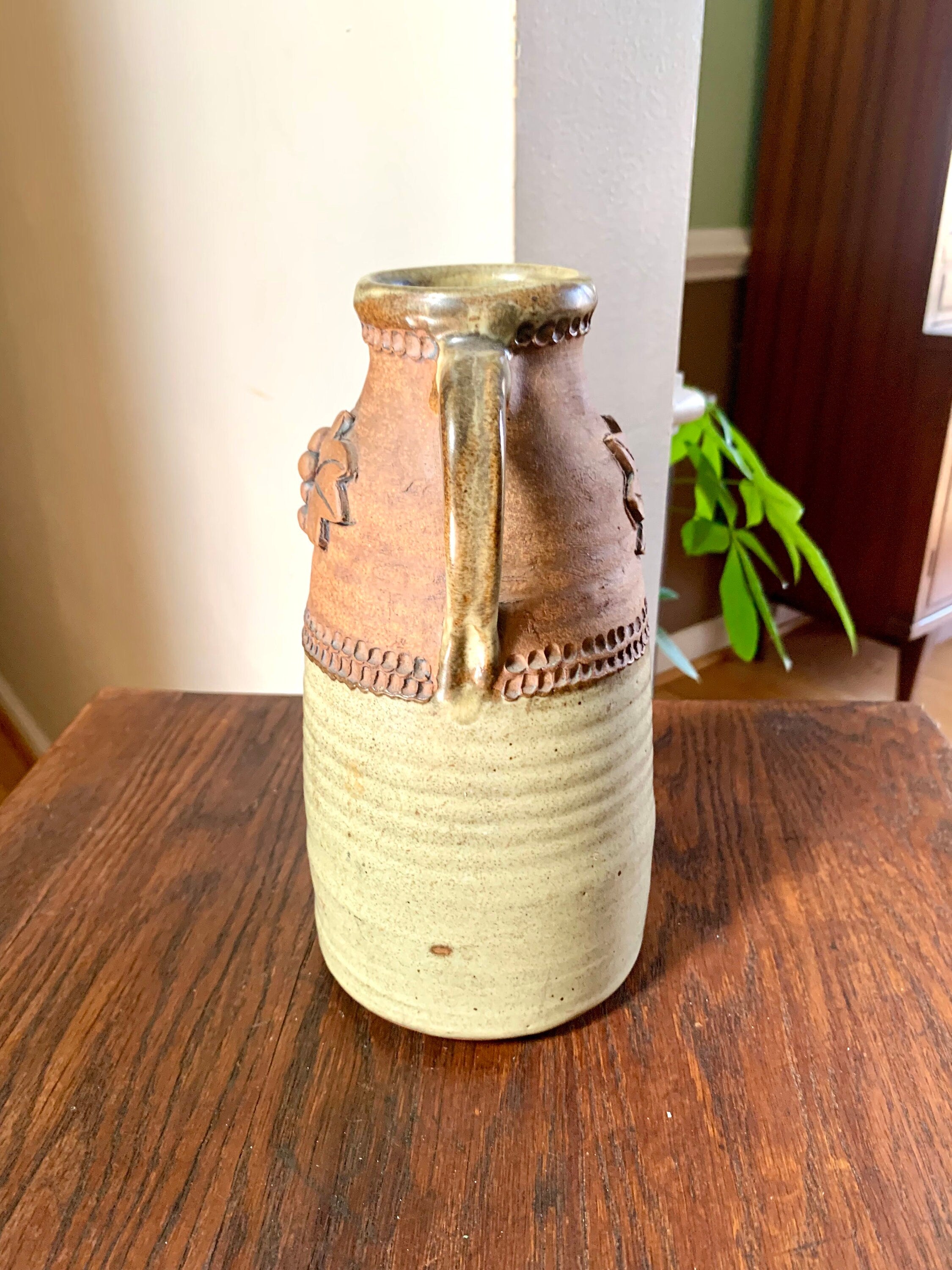 Vtg Middour Stoneware Pottery | Middour Stoneware Decanter | Handmade Ceramic Bottle | Leaf Design Pottery Vase