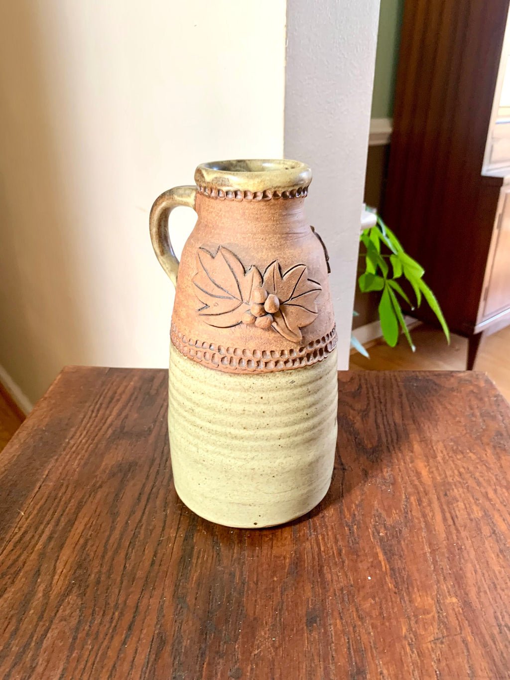 Vtg Middour Stoneware Pottery | Middour Stoneware Decanter | Handmade Ceramic Bottle | Leaf Design Pottery Vase