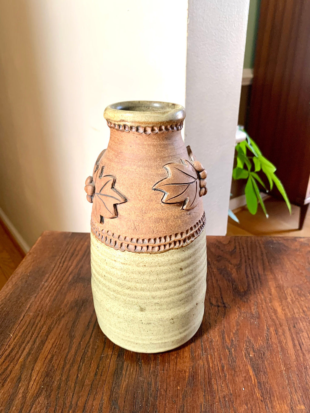 Vtg Middour Stoneware Pottery | Middour Stoneware Decanter | Handmade Ceramic Bottle | Leaf Design Pottery Vase