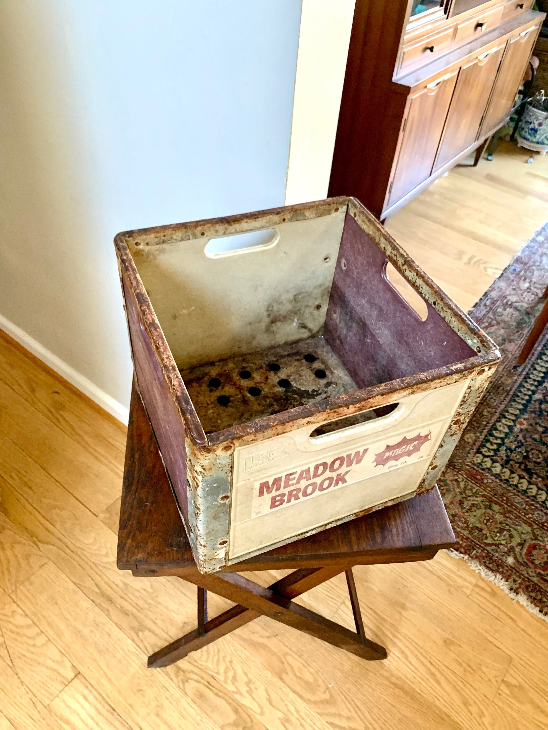 Vtg Meadow Brook Magic Milk Crate | Erie PA Rustic Metal and Fiberglass Milk Crate | Antique Milk Bottle Crate