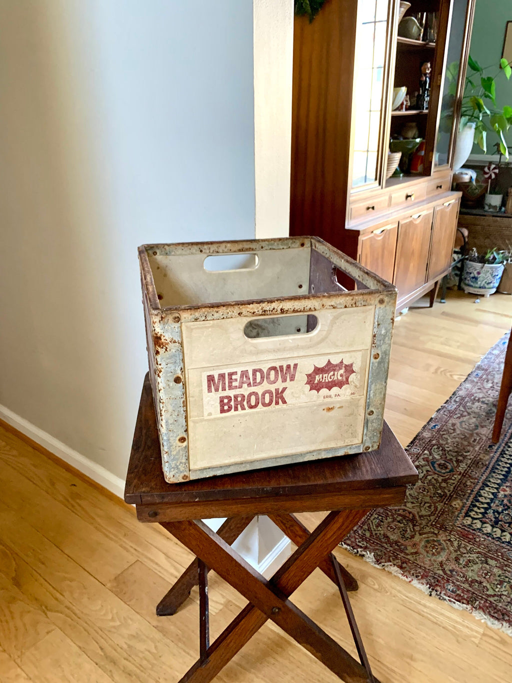 Vtg Meadow Brook Magic Milk Crate | Erie PA Rustic Metal and Fiberglass Milk Crate | Antique Milk Bottle Crate
