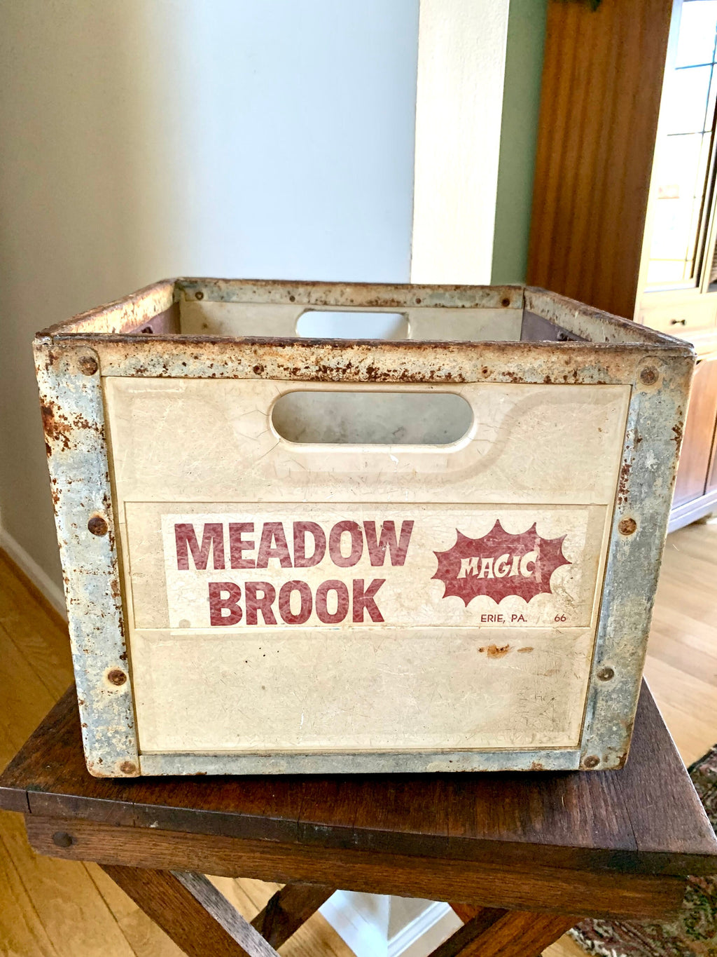 Vtg Meadow Brook Magic Milk Crate | Erie PA Rustic Metal and Fiberglass Milk Crate | Antique Milk Bottle Crate