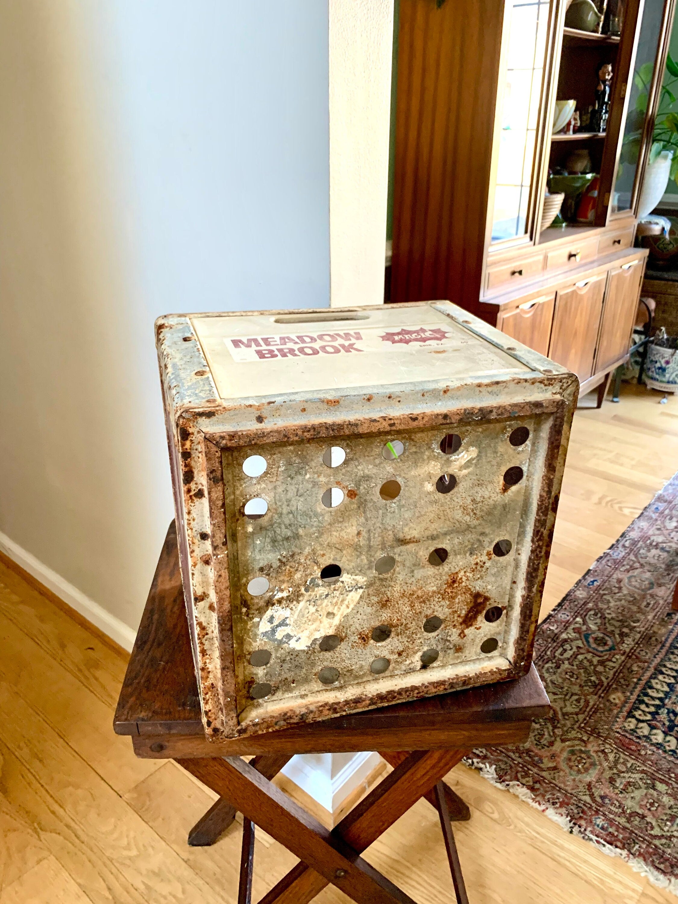 Vtg Meadow Brook Magic Milk Crate | Erie PA Rustic Metal and Fiberglass Milk Crate | Antique Milk Bottle Crate