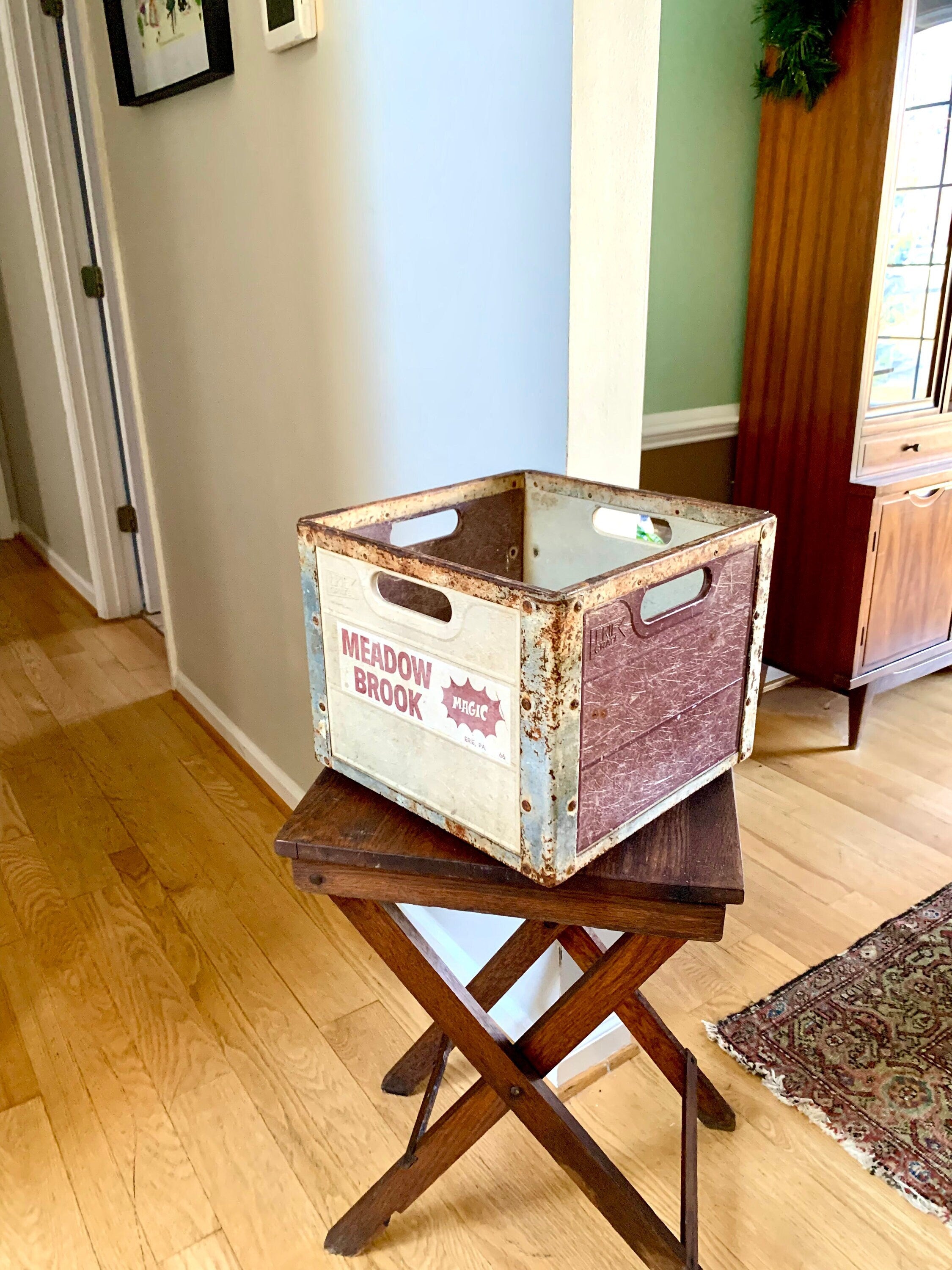 Vtg Meadow Brook Magic Milk Crate | Erie PA Rustic Metal and Fiberglass Milk Crate | Antique Milk Bottle Crate