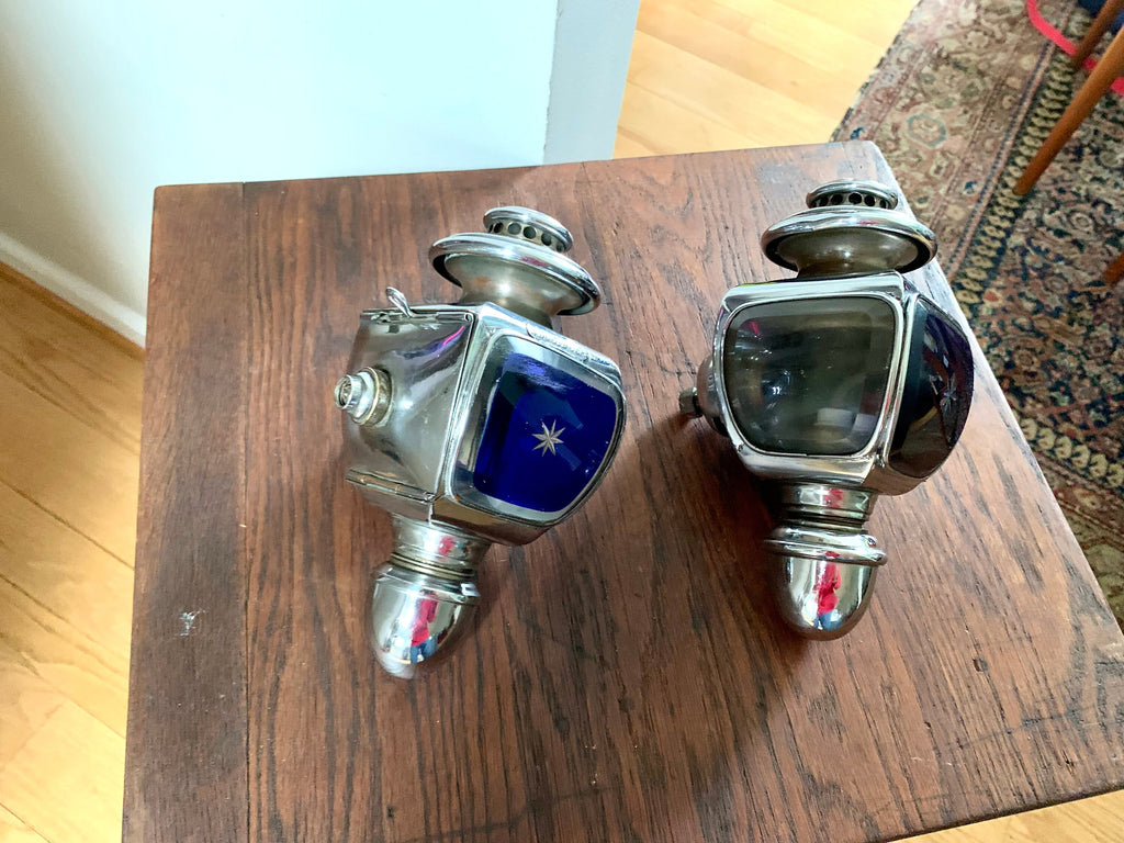 Vintage Pair of Lucidus Carriage Lamps | Antique Lucidus French Side Lamps | Lucidus Oil Side Lamps | Cobalt Blue Oil Side Lamps