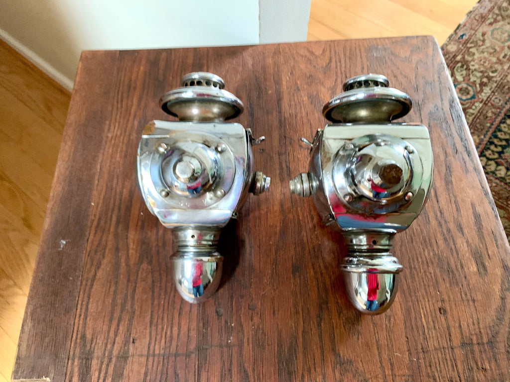 Vintage Pair of Lucidus Carriage Lamps | Antique Lucidus French Side Lamps | Lucidus Oil Side Lamps | Cobalt Blue Oil Side Lamps