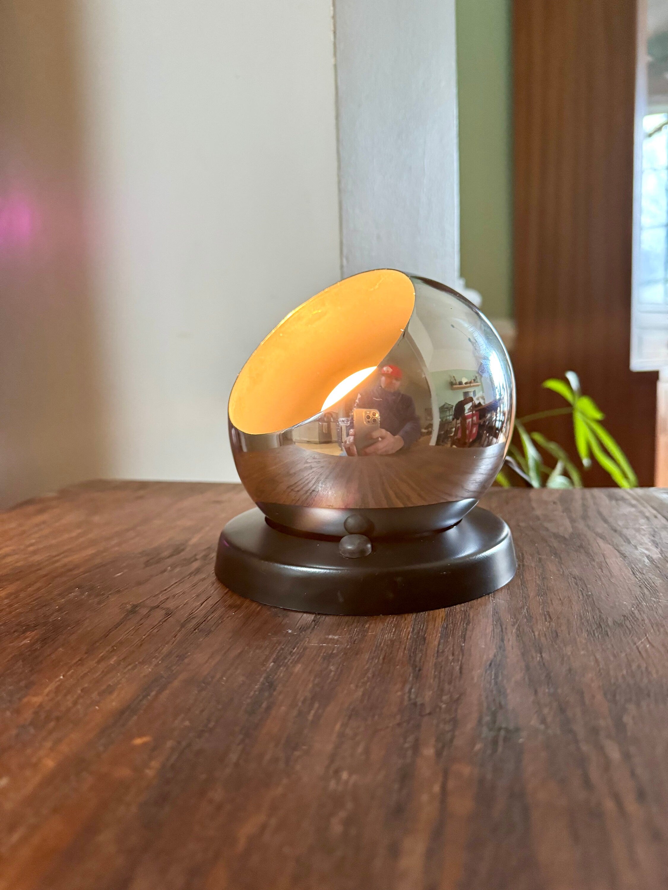 Vintage MCM Swivelier Eyeball Lamp | MCM Chrome Orb Lamp | Chrome Eyeball Spotlight With Black Base | Atomic Orb Lamp | Orb Lamp With Base