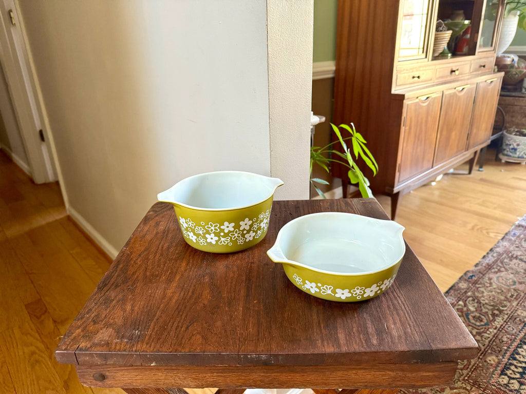 Pyrex 471 and 473 Spring Blossom Casserole Dishes | Vintage Crazy Daisy Pyrex Set | Green Pyrex Dish | Mid Century Kitchen | No lids