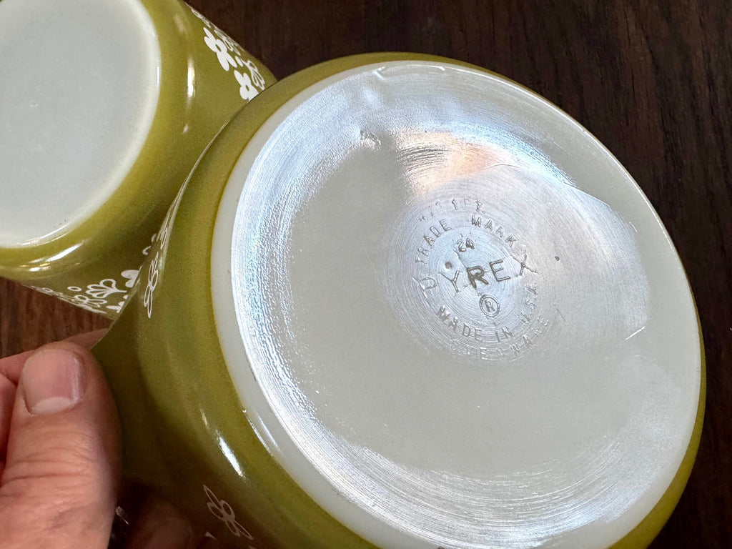 Pyrex 471 and 473 Spring Blossom Casserole Dishes | Vintage Crazy Daisy Pyrex Set | Green Pyrex Dish | Mid Century Kitchen | No lids
