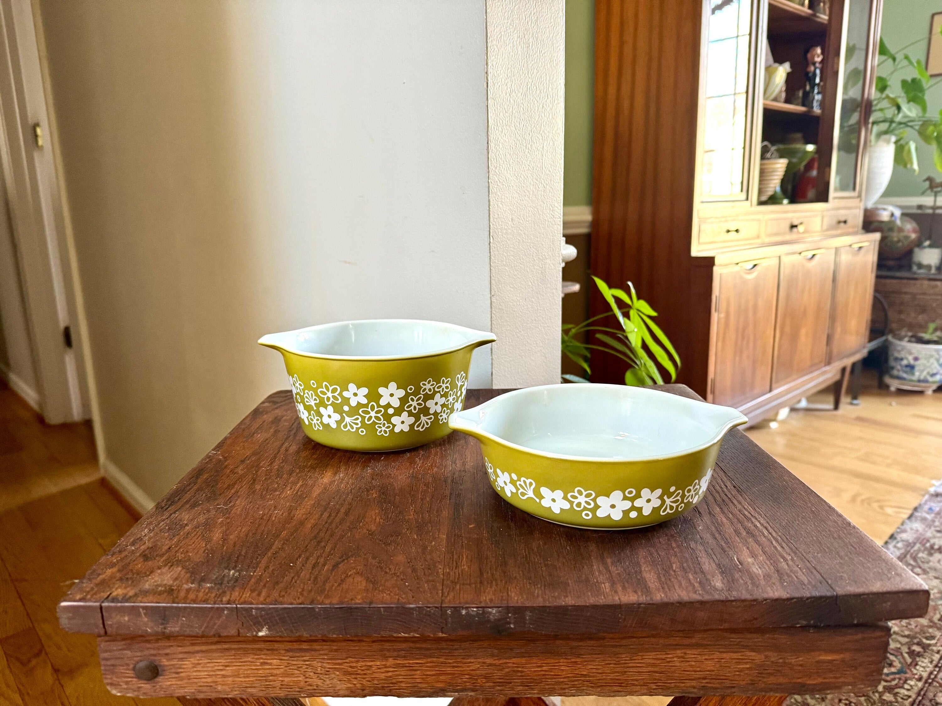 Pyrex 471 and 473 Spring Blossom Casserole Dishes | Vintage Crazy Daisy Pyrex Set | Green Pyrex Dish | Mid Century Kitchen | No lids