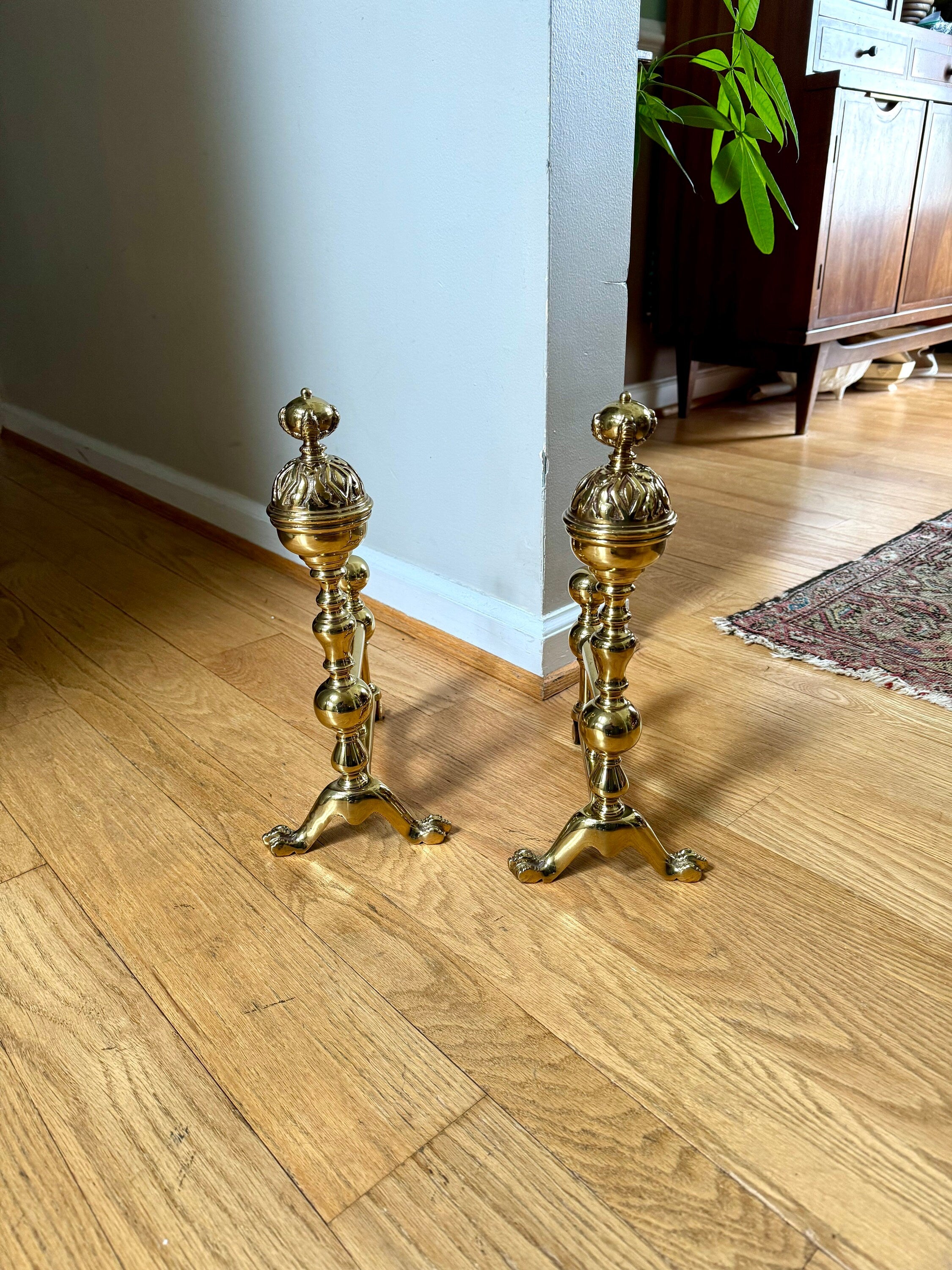 Small Brass Fireplace Andirons | Vintage Short Victorian Style Andirons | Antique Claw Foot Andirons | Ornate Brass Clawfoot Bookends | Firedogs
