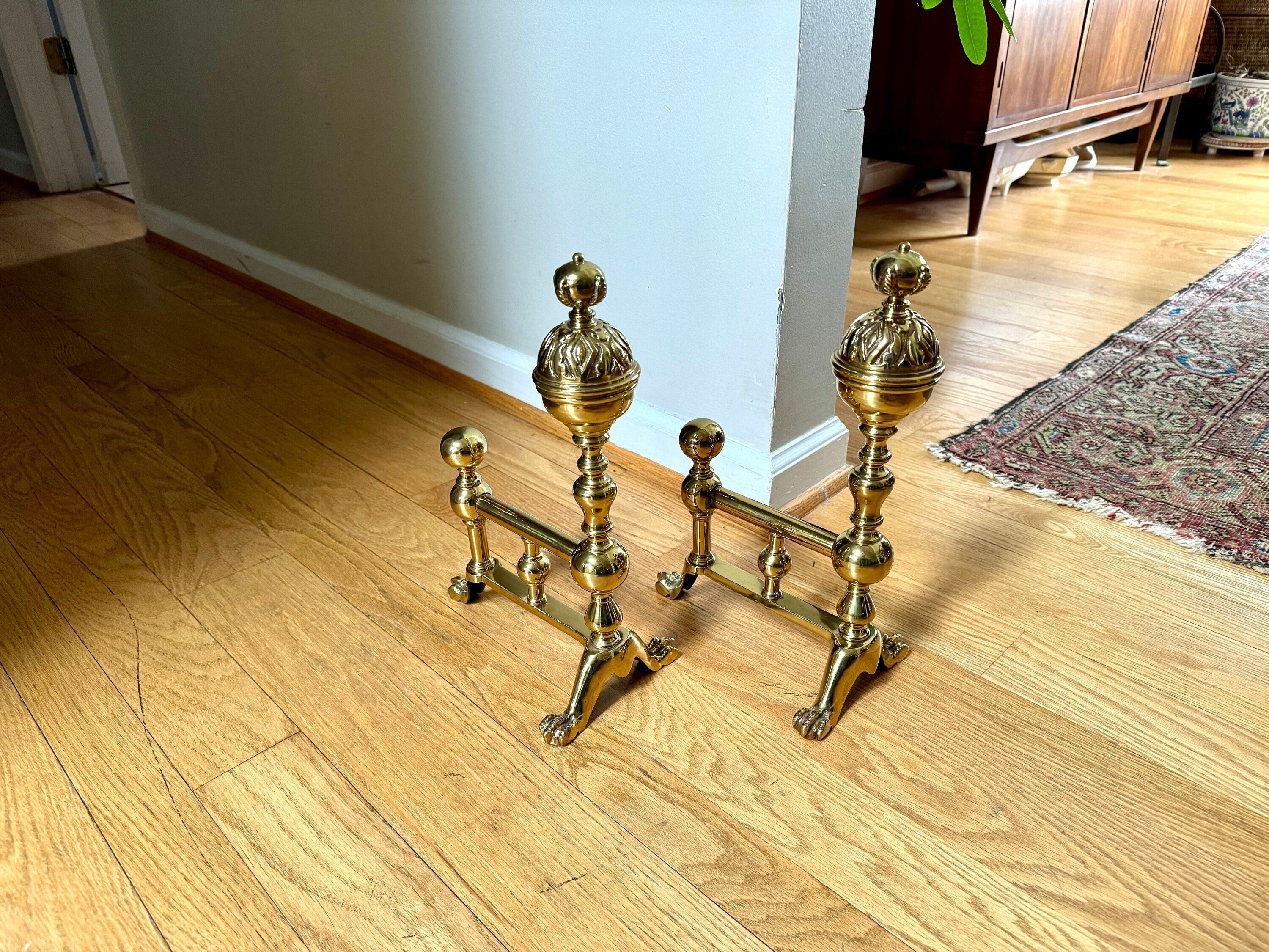 Small Brass Fireplace Andirons | Vintage Short Victorian Style Andirons | Antique Claw Foot Andirons | Ornate Brass Clawfoot Bookends | Firedogs