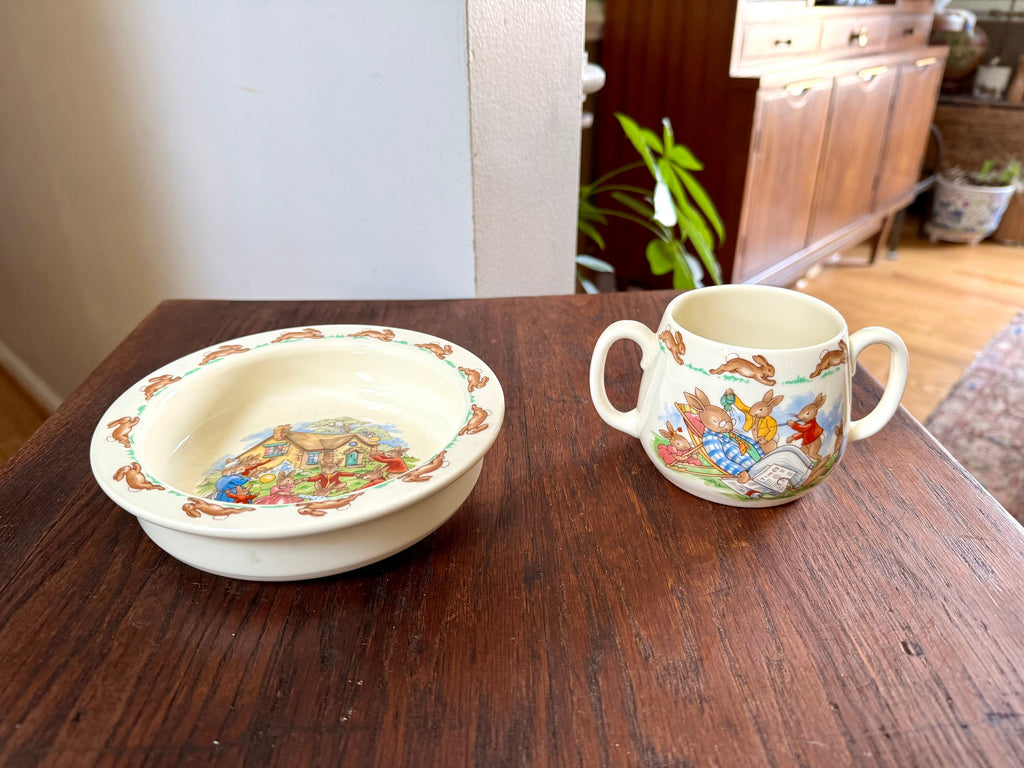 Vintage Royal Doulton Bunnykins Children's Bowl and Drinking Cup | Toddler's Bunny Themed Bowl and Cup | English Fine Bone China | Bunnykins