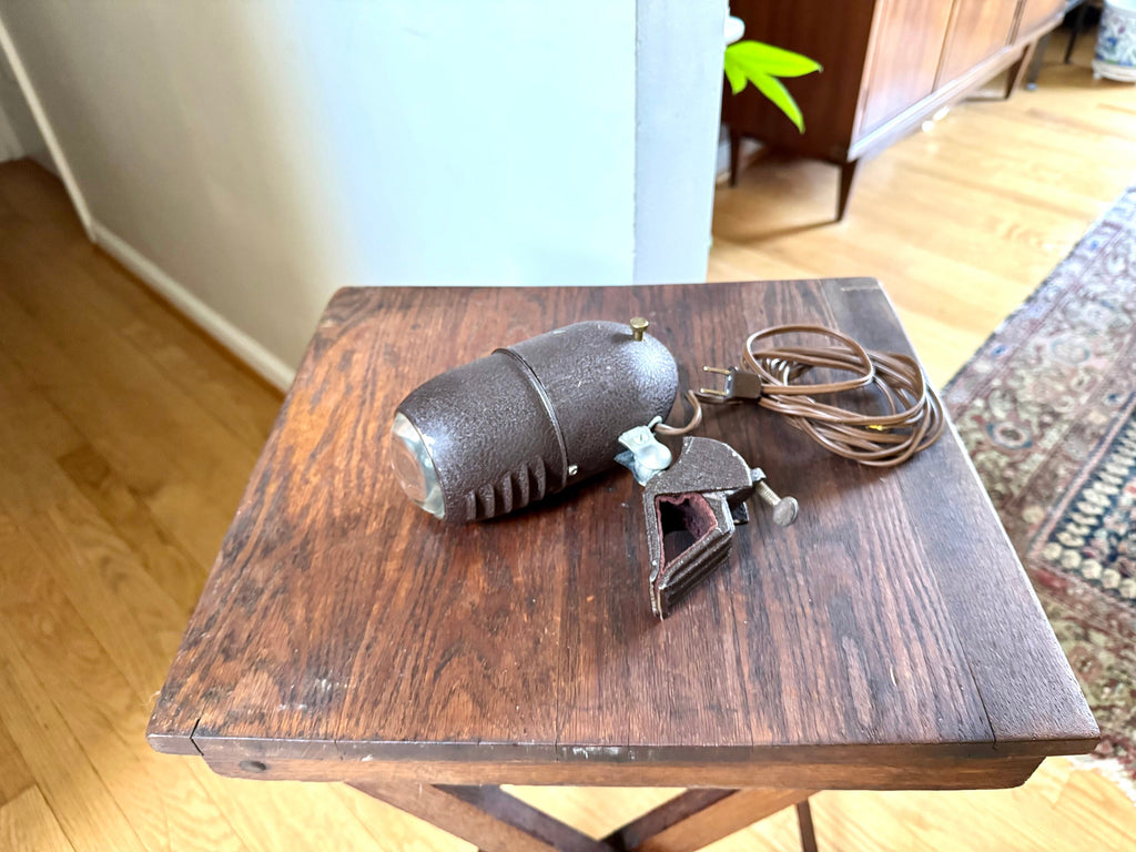1940's Metal Headboard Lamp | Art Deco Clamp Lamp | 1940's Bullet Fisheye Lamp | Industrial Reading Lamp | Atomic Clamp On Task Lamp