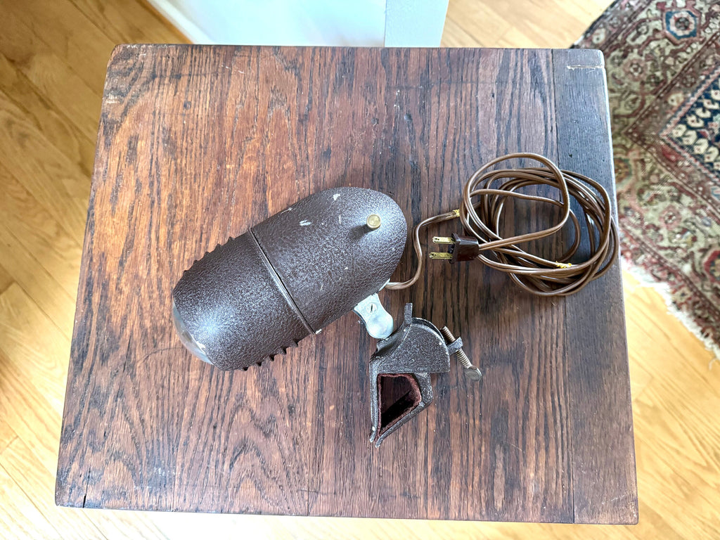 1940's Metal Headboard Lamp | Art Deco Clamp Lamp | 1940's Bullet Fisheye Lamp | Industrial Reading Lamp | Atomic Clamp On Task Lamp