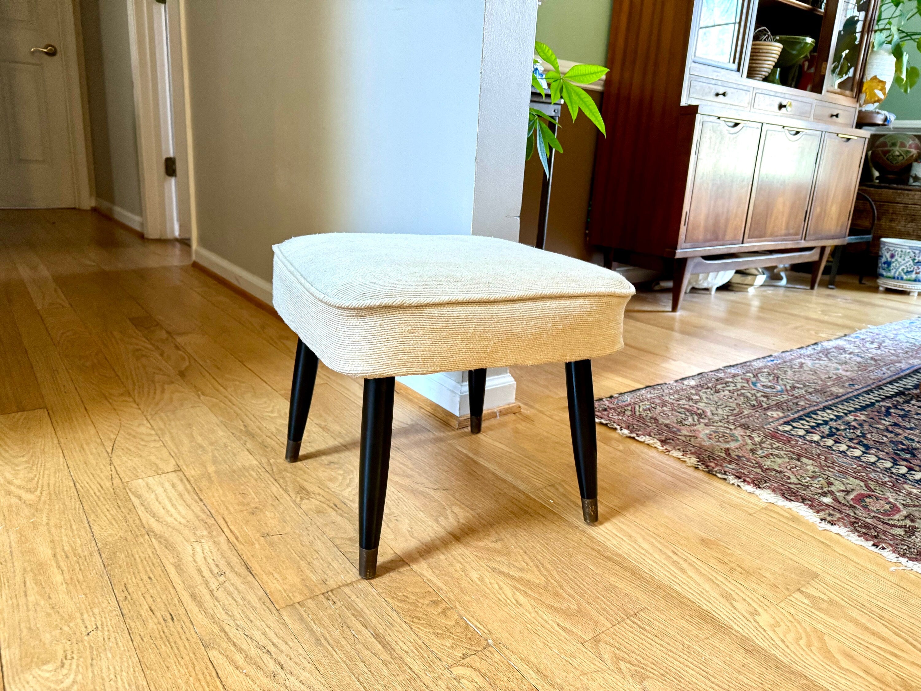 Mid Century Modern Ottoman | White Fabric Foot Stool | White Fabric Square Ottoman | Danish Modern Decor | Wood Legged Footstool | MCM Stool
