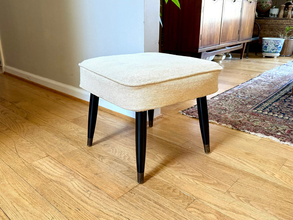 Mid Century Modern Ottoman | White Fabric Foot Stool | White Fabric Square Ottoman | Danish Modern Decor | Wood Legged Footstool | MCM Stool
