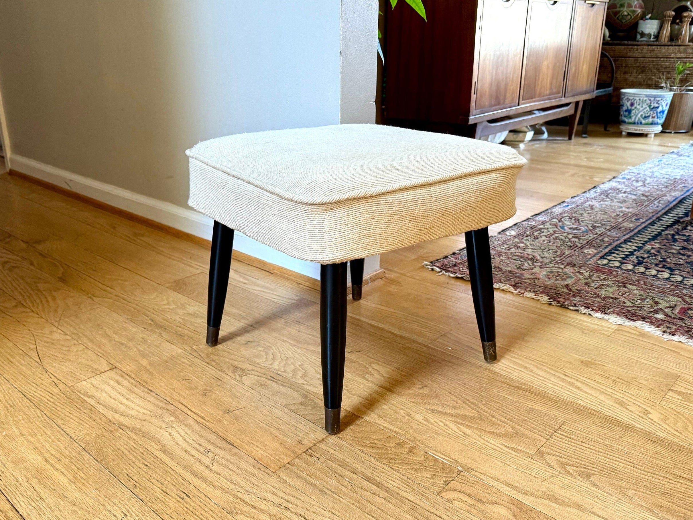 Mid Century Modern Ottoman | White Fabric Foot Stool | White Fabric Square Ottoman | Danish Modern Decor | Wood Legged Footstool | MCM Stool