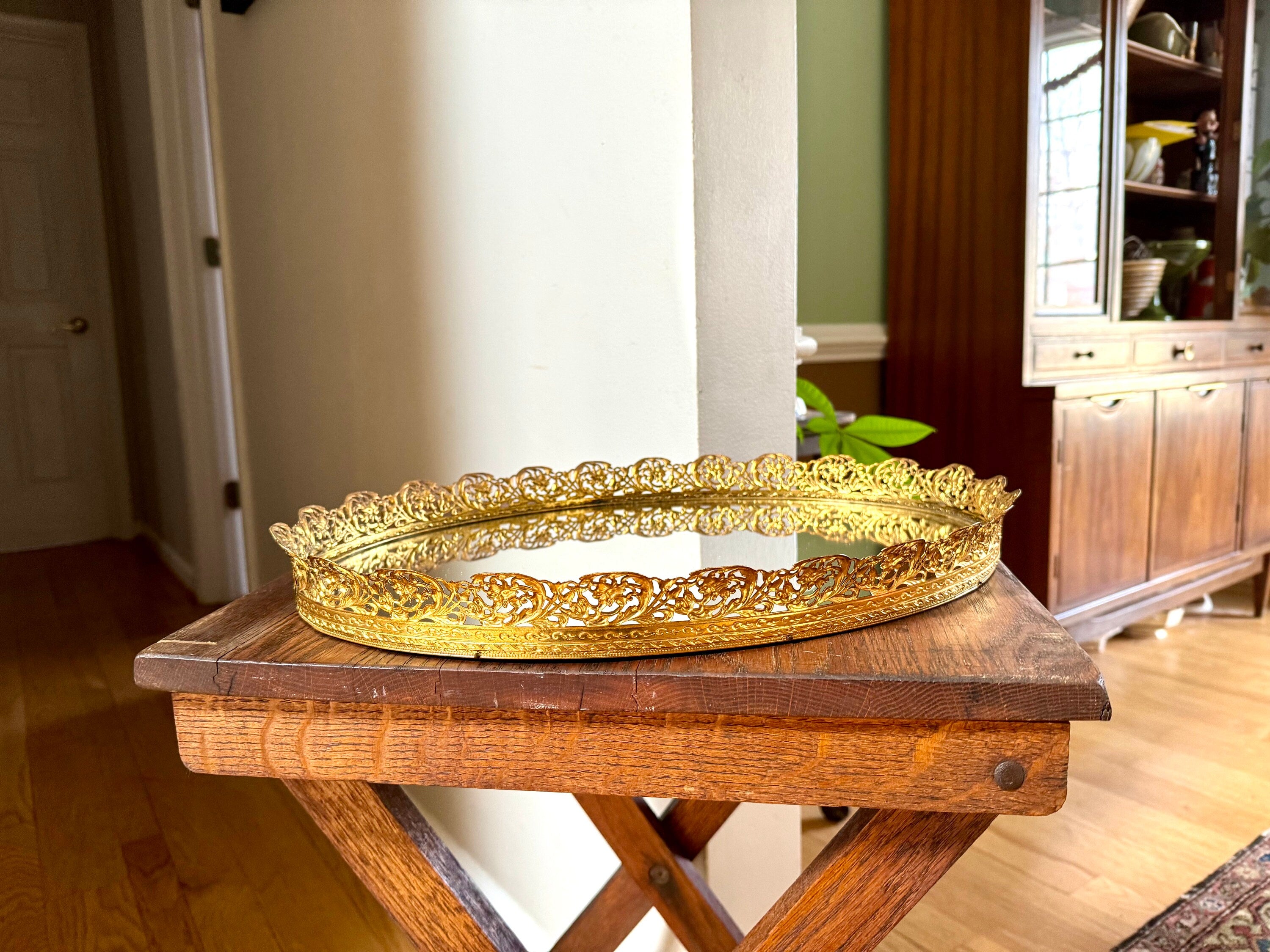 Ornate Gold Filigree Vanity Tray | Vintage Large Oval Mirrored Vanity Tray | Ornate Filigree Vanity Tray | Hollywood Regency Mirrored Tray