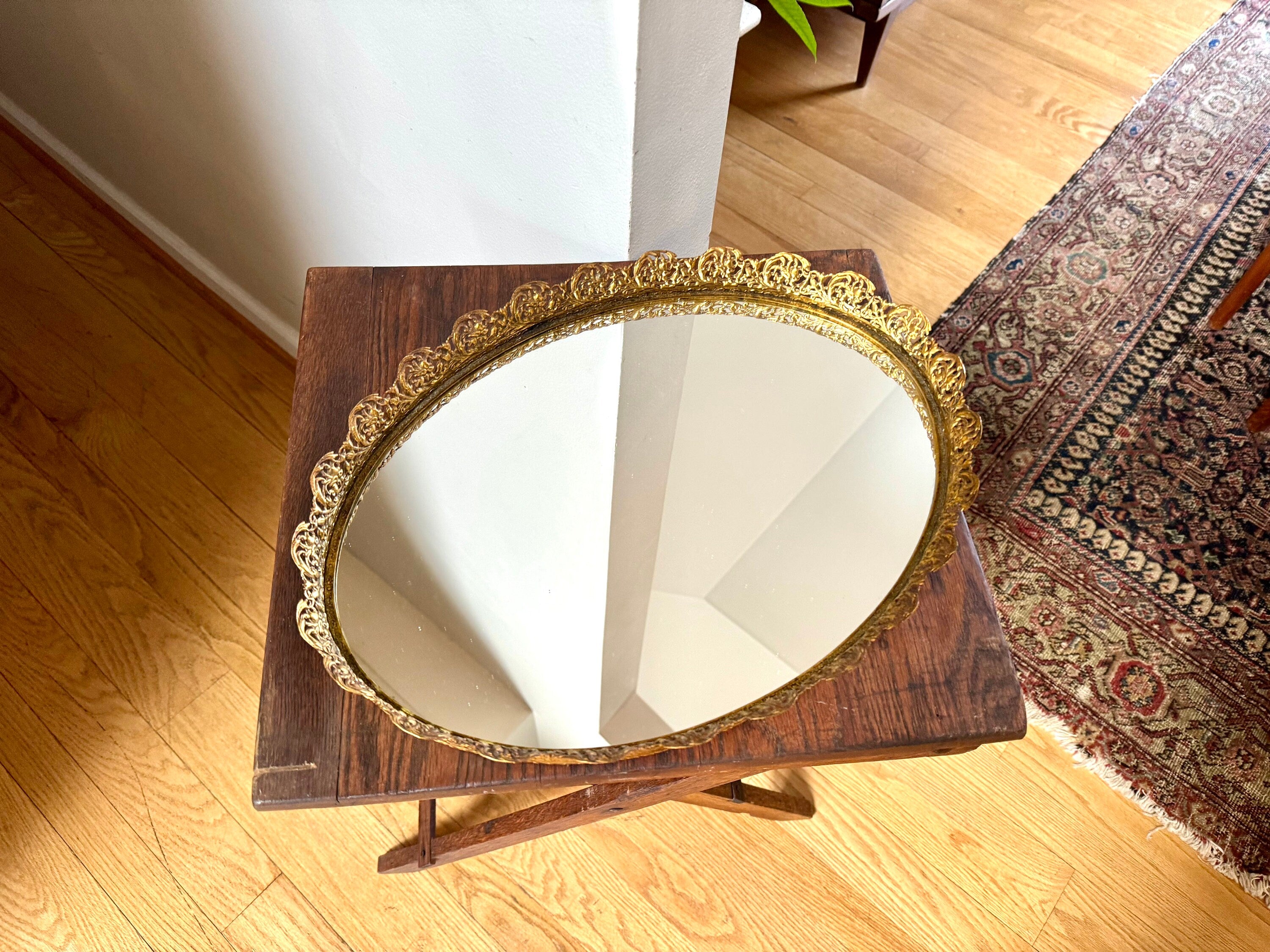 Ornate Gold Filigree Vanity Tray | Vintage Large Oval Mirrored Vanity Tray | Ornate Filigree Vanity Tray | Hollywood Regency Mirrored Tray