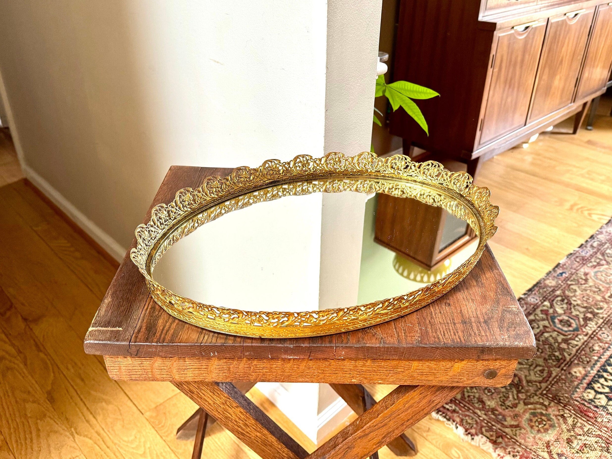 Ornate Gold Filigree Vanity Tray | Vintage Large Oval Mirrored Vanity Tray | Ornate Filigree Vanity Tray | Hollywood Regency Mirrored Tray