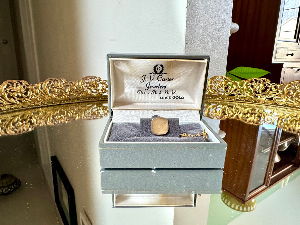 J.V. Carter 14KT Etched Tie Tack Pin | Vintage 14K Yellow Gold Tie Tack Pin in Original Box | Simple Gold Tie Tack Pin