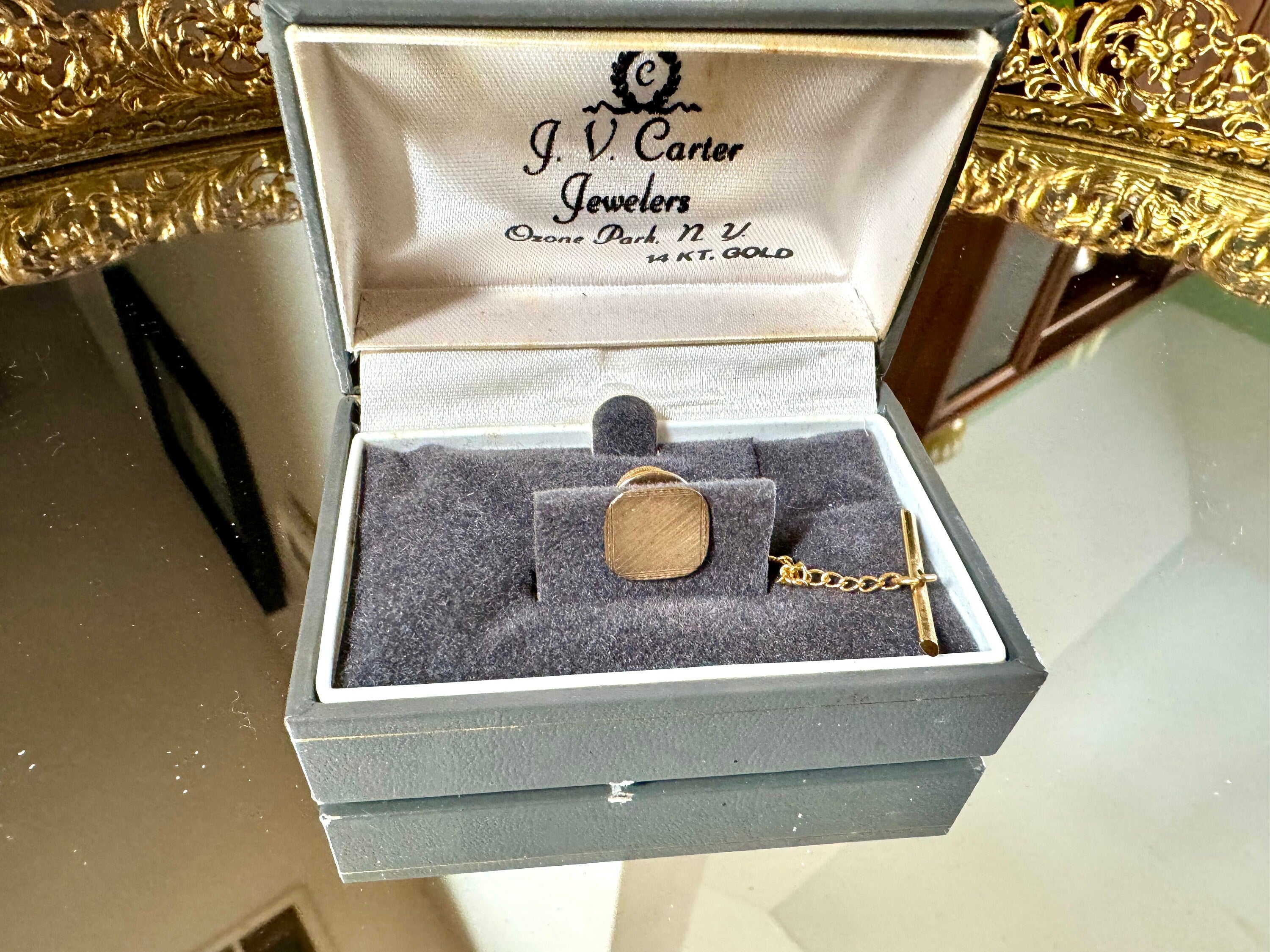 J.V. Carter 14KT Etched Tie Tack Pin | Vintage 14K Yellow Gold Tie Tack Pin in Original Box | Simple Gold Tie Tack Pin