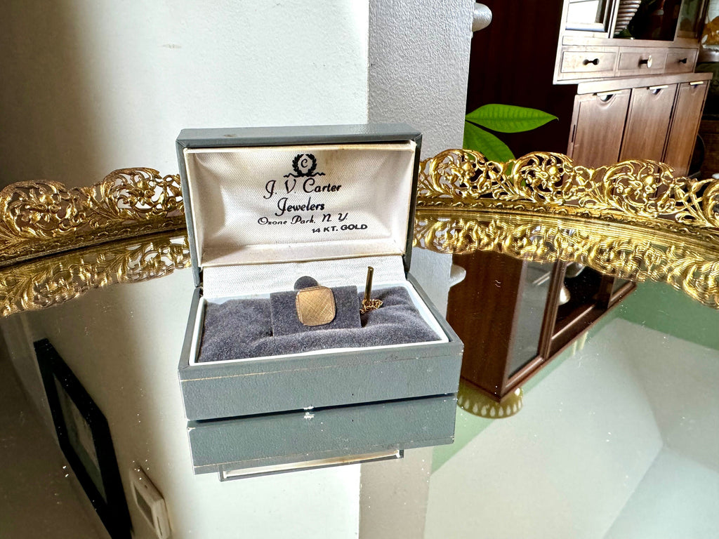 J.V. Carter 14KT Etched Tie Tack Pin | Vintage 14K Yellow Gold Tie Tack Pin in Original Box | Simple Gold Tie Tack Pin