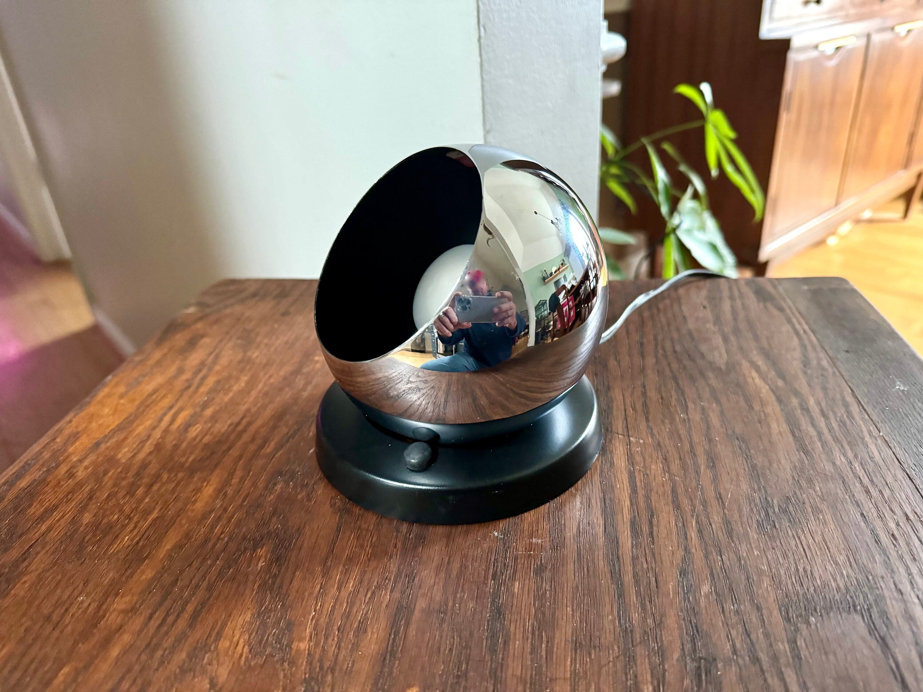 Vintage MCM Swivelier Eyeball Lamp | MCM Chrome Orb Lamp | Chrome Eyeball Spotlight With Black Base | Atomic Orb Lamp | Orb Lamp With Base