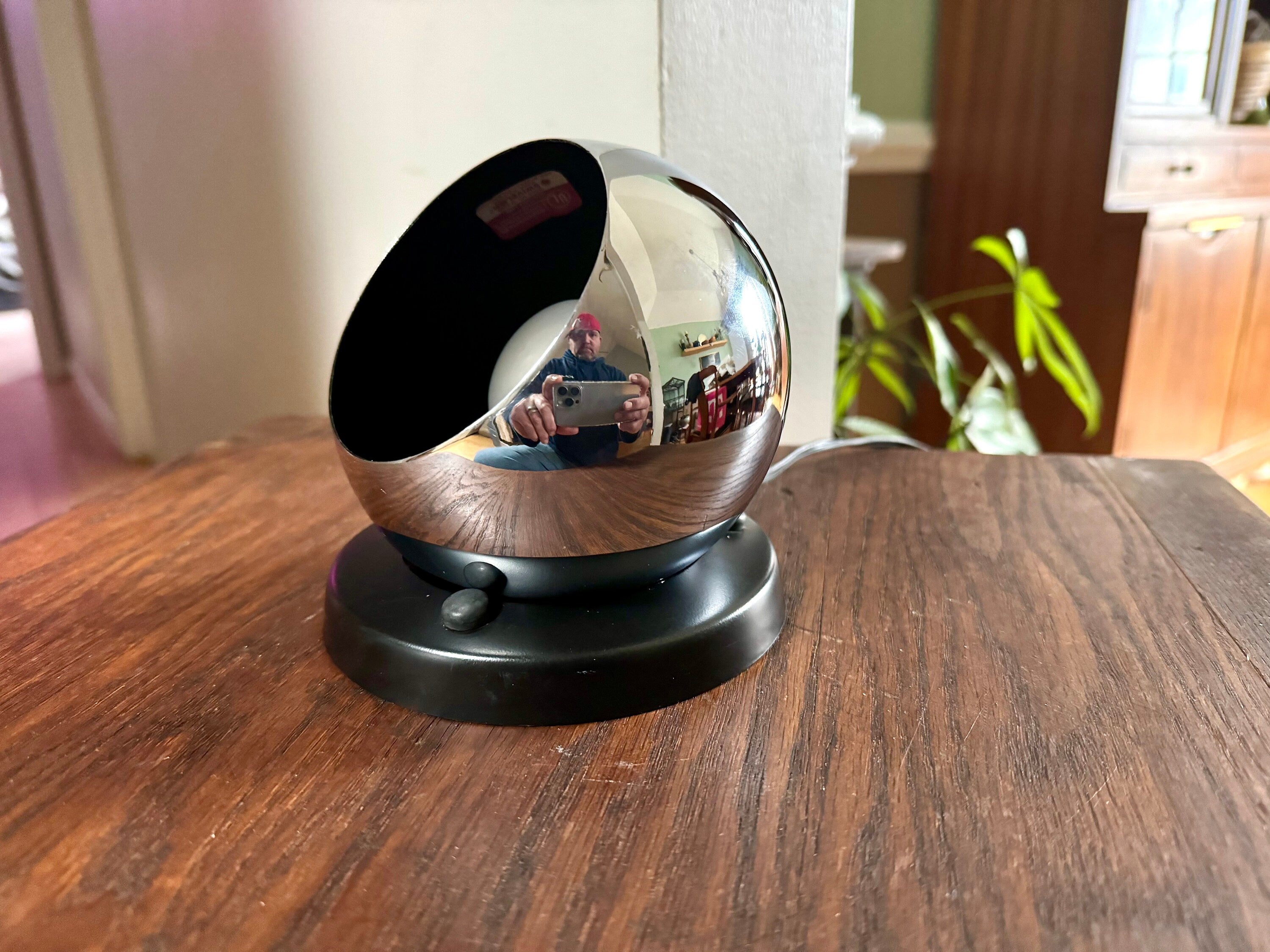 Vintage MCM Swivelier Eyeball Lamp | MCM Chrome Orb Lamp | Chrome Eyeball Spotlight With Black Base | Atomic Orb Lamp | Orb Lamp With Base