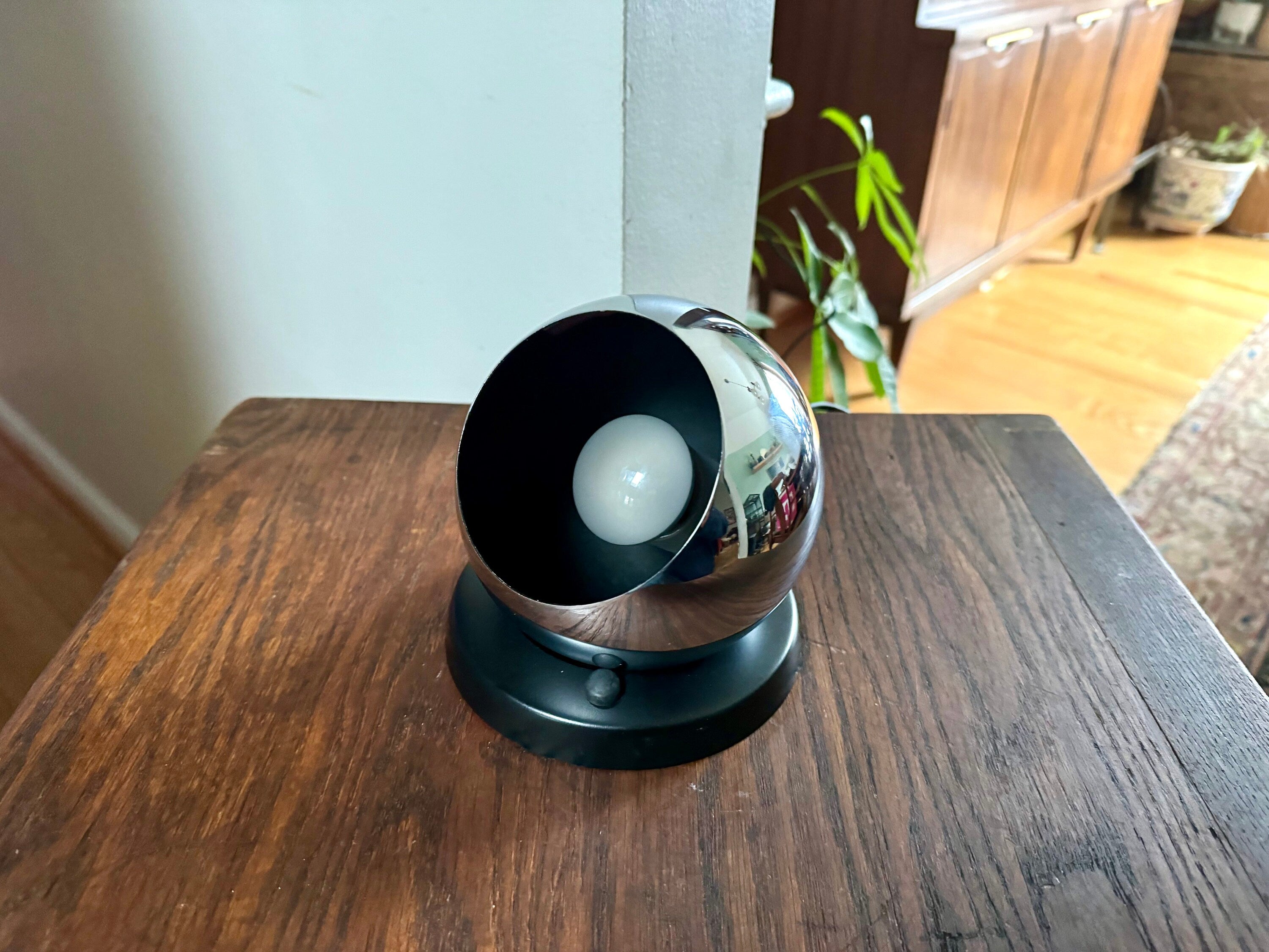 Vintage MCM Swivelier Eyeball Lamp | MCM Chrome Orb Lamp | Chrome Eyeball Spotlight With Black Base | Atomic Orb Lamp | Orb Lamp With Base