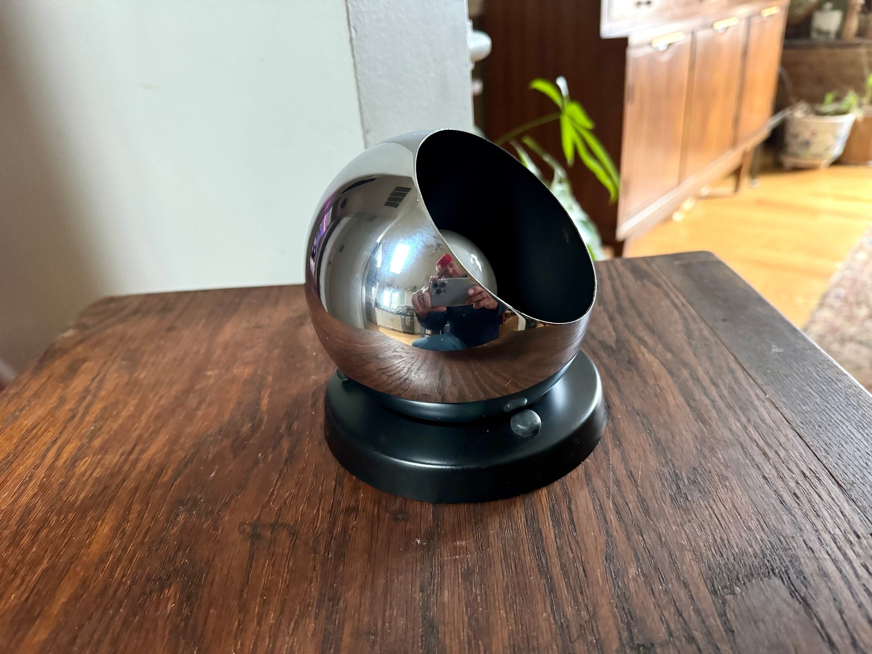 Vintage MCM Swivelier Eyeball Lamp | MCM Chrome Orb Lamp | Chrome Eyeball Spotlight With Black Base | Atomic Orb Lamp | Orb Lamp With Base