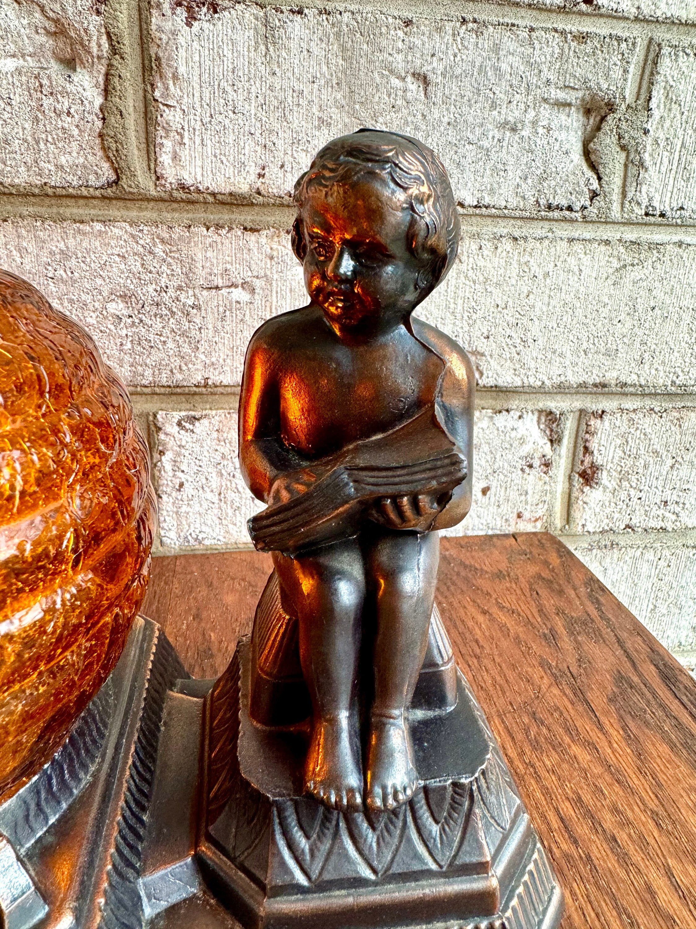 Antique Cast Bronze Child Reading Lamp | Crinkle Glass Globe Lamp | Amber Glass Globe Bronze Lamp | Frankart Style Lamp | Dresser Lamp
