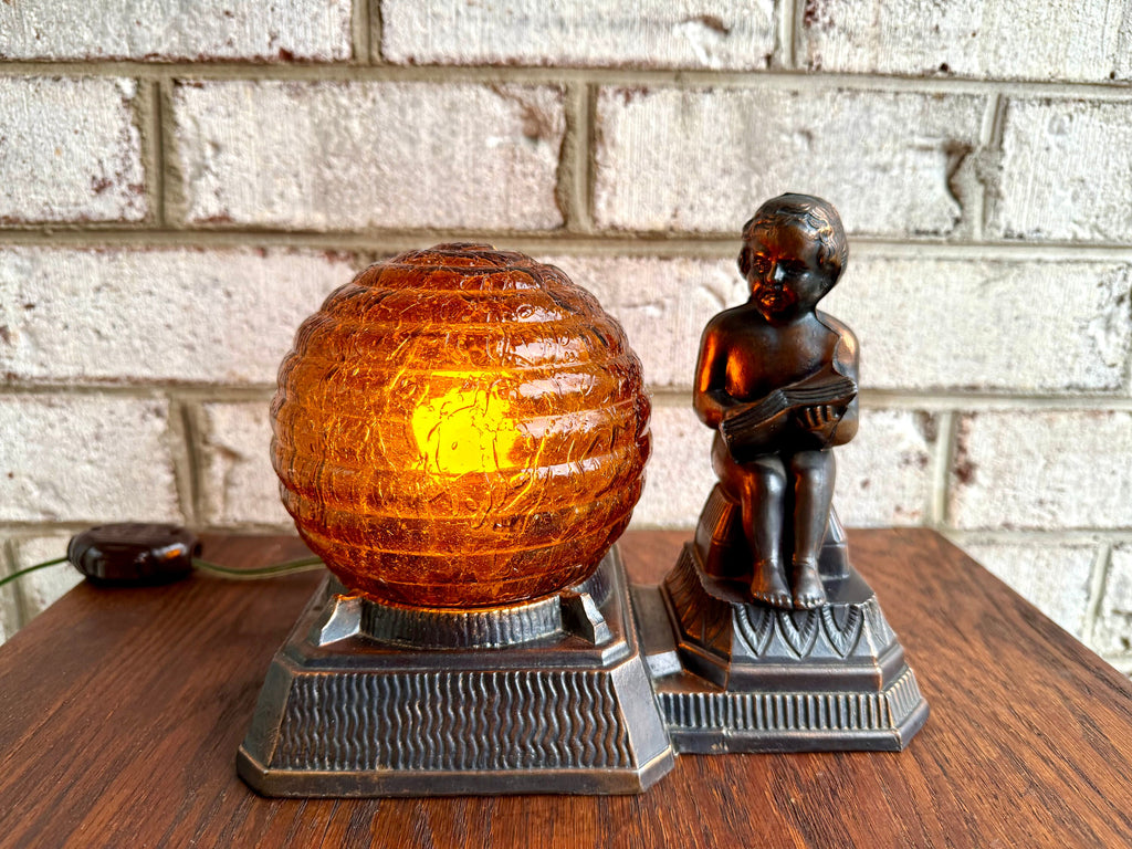 Antique Cast Bronze Child Reading Lamp | Crinkle Glass Globe Lamp | Amber Glass Globe Bronze Lamp | Frankart Style Lamp | Dresser Lamp