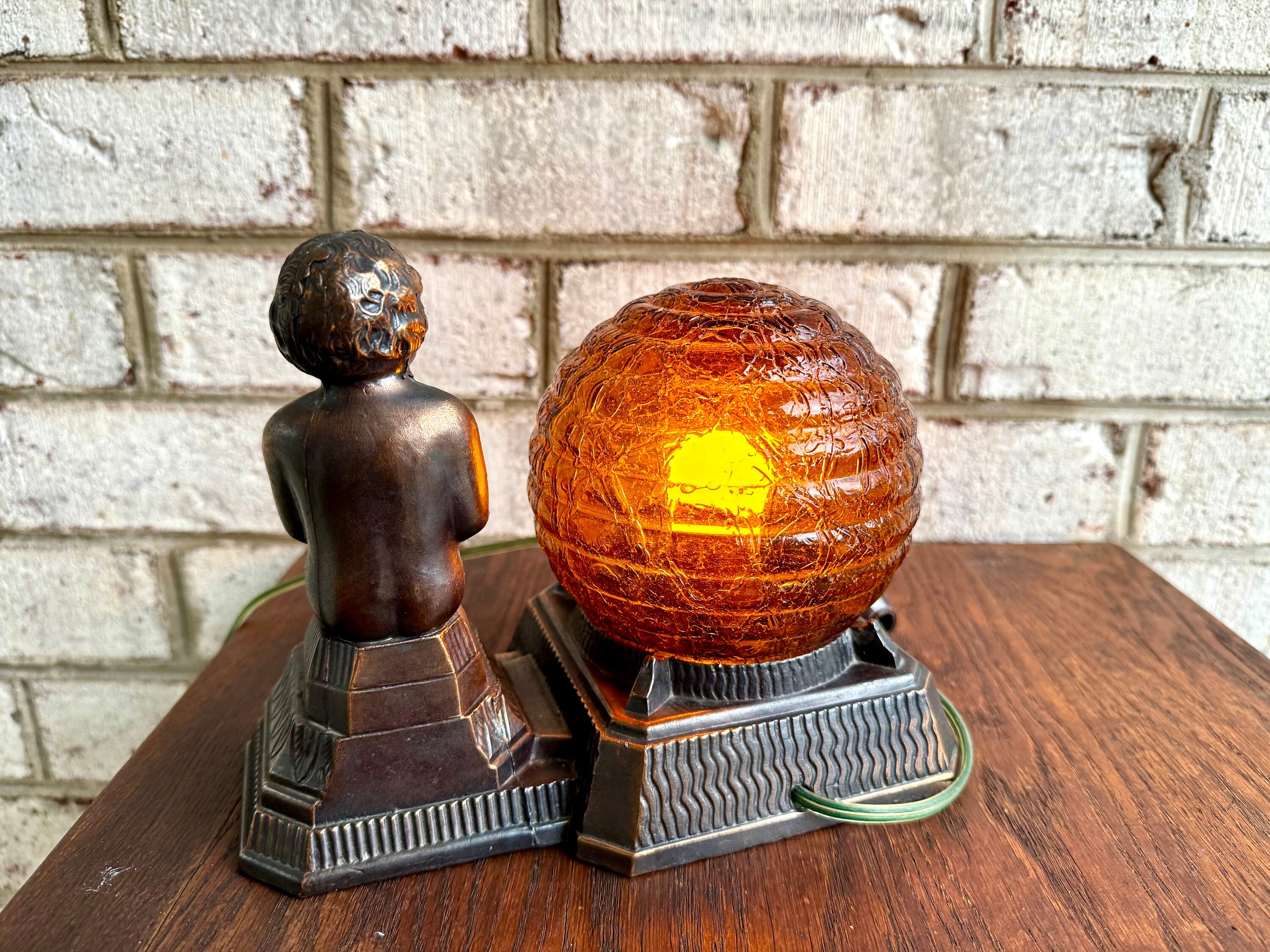 Antique Cast Bronze Child Reading Lamp | Crinkle Glass Globe Lamp | Amber Glass Globe Bronze Lamp | Frankart Style Lamp | Dresser Lamp