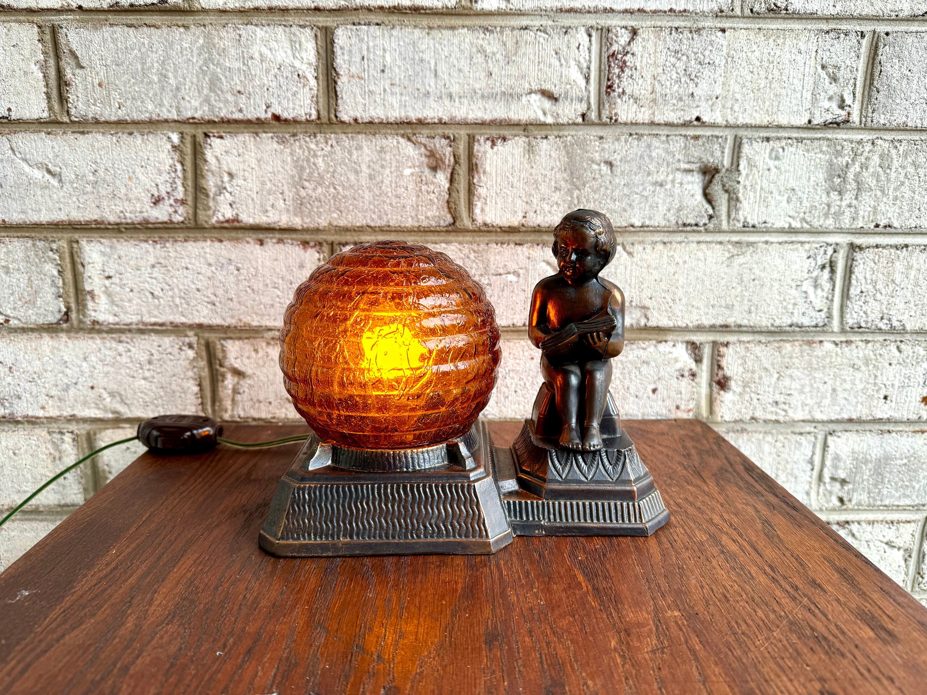 Antique Cast Bronze Child Reading Lamp | Crinkle Glass Globe Lamp | Amber Glass Globe Bronze Lamp | Frankart Style Lamp | Dresser Lamp