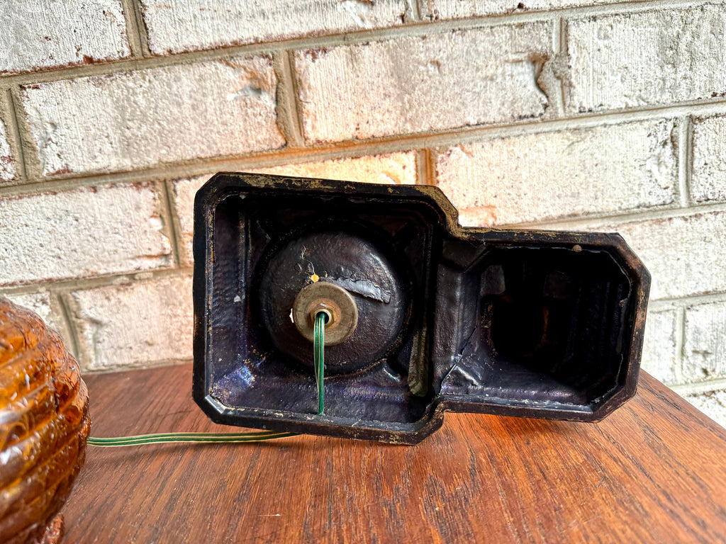 Antique Cast Bronze Child Reading Lamp | Crinkle Glass Globe Lamp | Amber Glass Globe Bronze Lamp | Frankart Style Lamp | Dresser Lamp