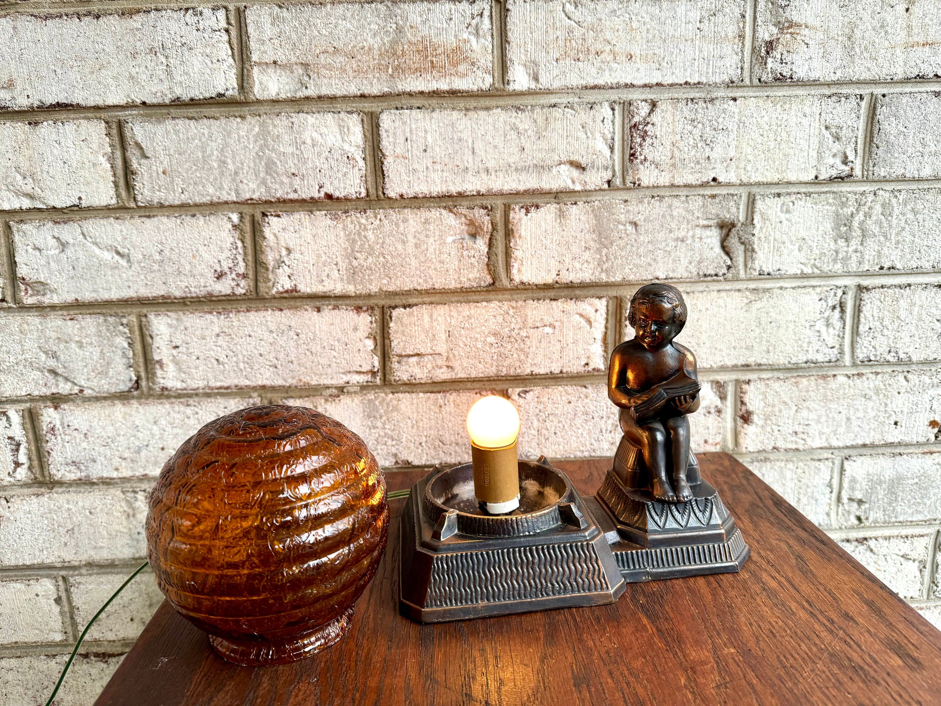 Antique Cast Bronze Child Reading Lamp | Crinkle Glass Globe Lamp | Amber Glass Globe Bronze Lamp | Frankart Style Lamp | Dresser Lamp