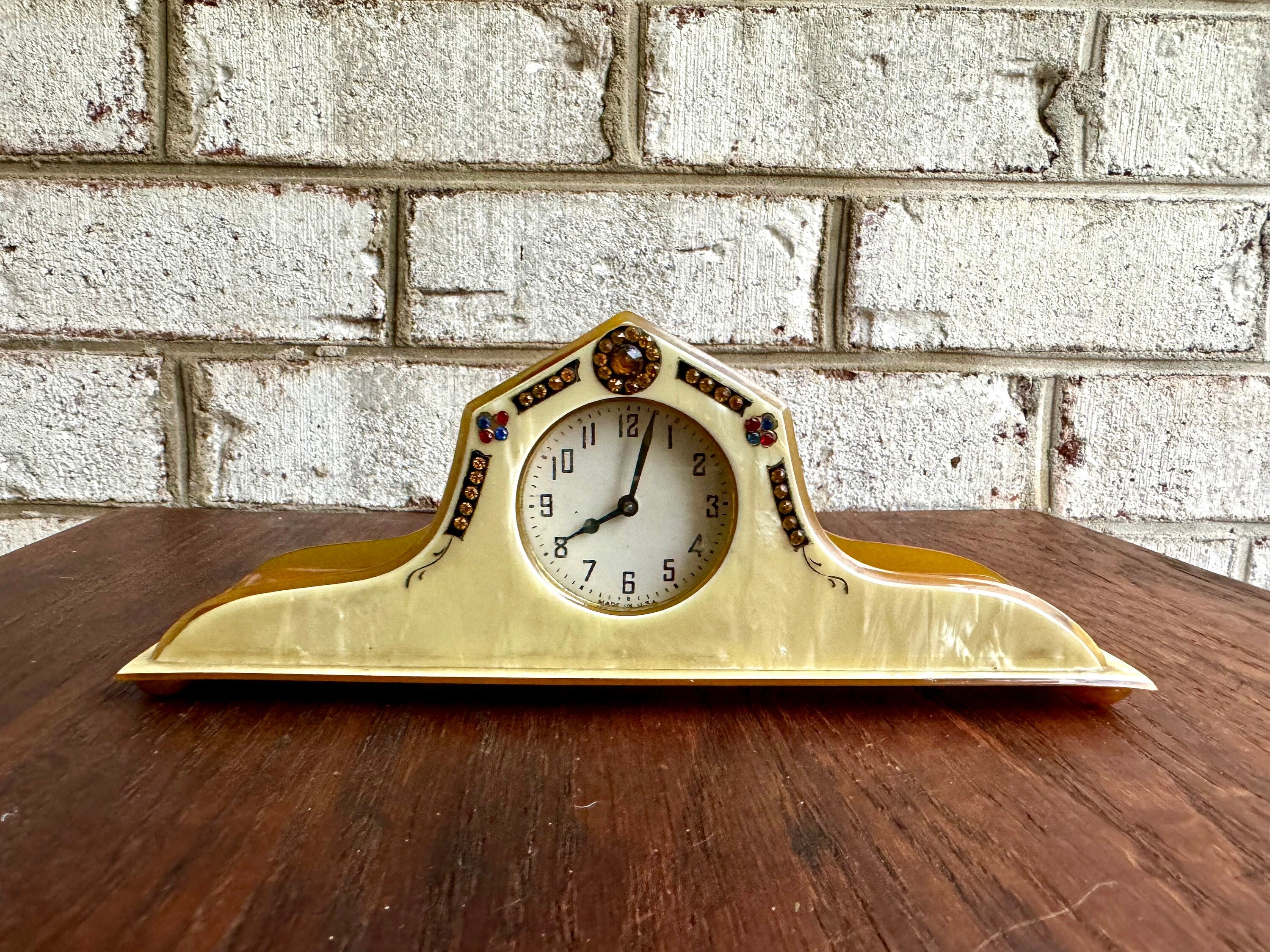 Celluloid & Bakelite Vanity Clock | Vintage Ornate Celluloid Bakelite Dresser Clock | Small Made In USA Celluloid Vanity Clock | Art Deco Clock