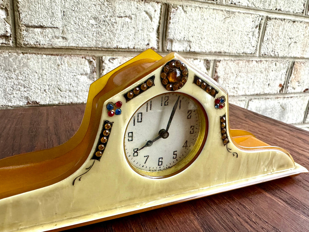 Celluloid & Bakelite Vanity Clock | Vintage Ornate Celluloid Bakelite Dresser Clock | Small Made In USA Celluloid Vanity Clock | Art Deco Clock