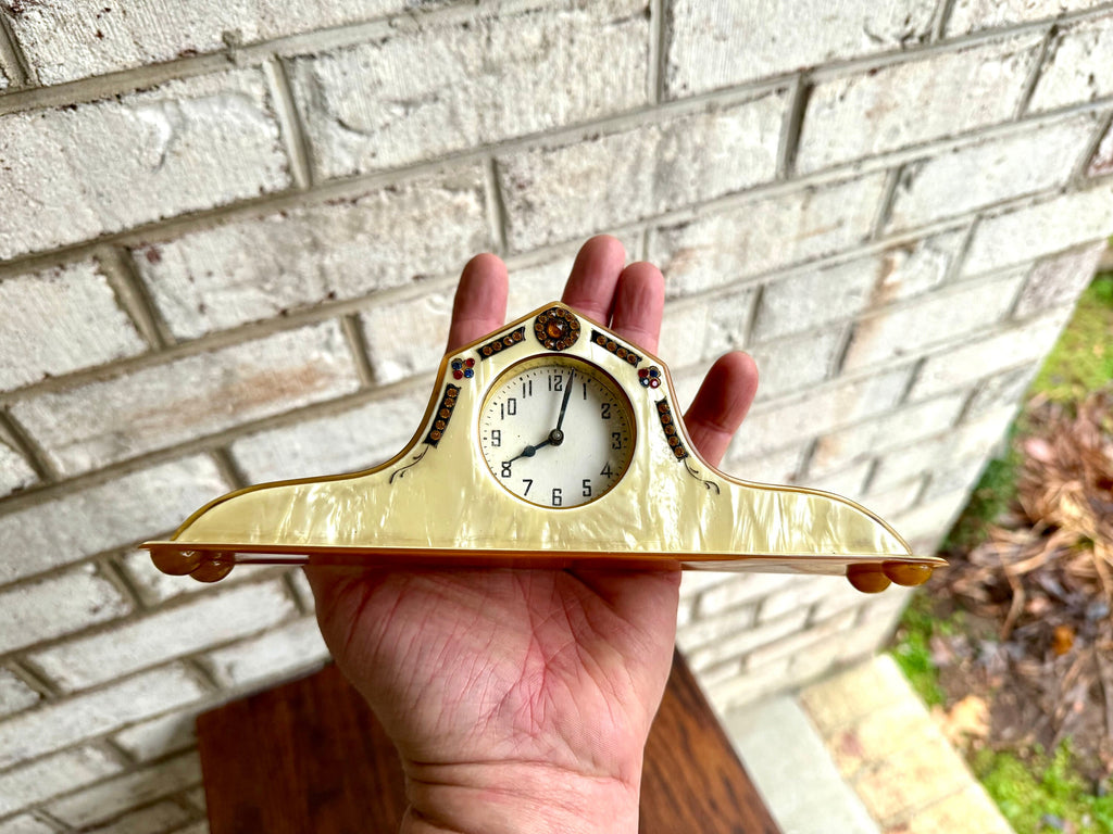 Celluloid & Bakelite Vanity Clock | Vintage Ornate Celluloid Bakelite Dresser Clock | Small Made In USA Celluloid Vanity Clock | Art Deco Clock
