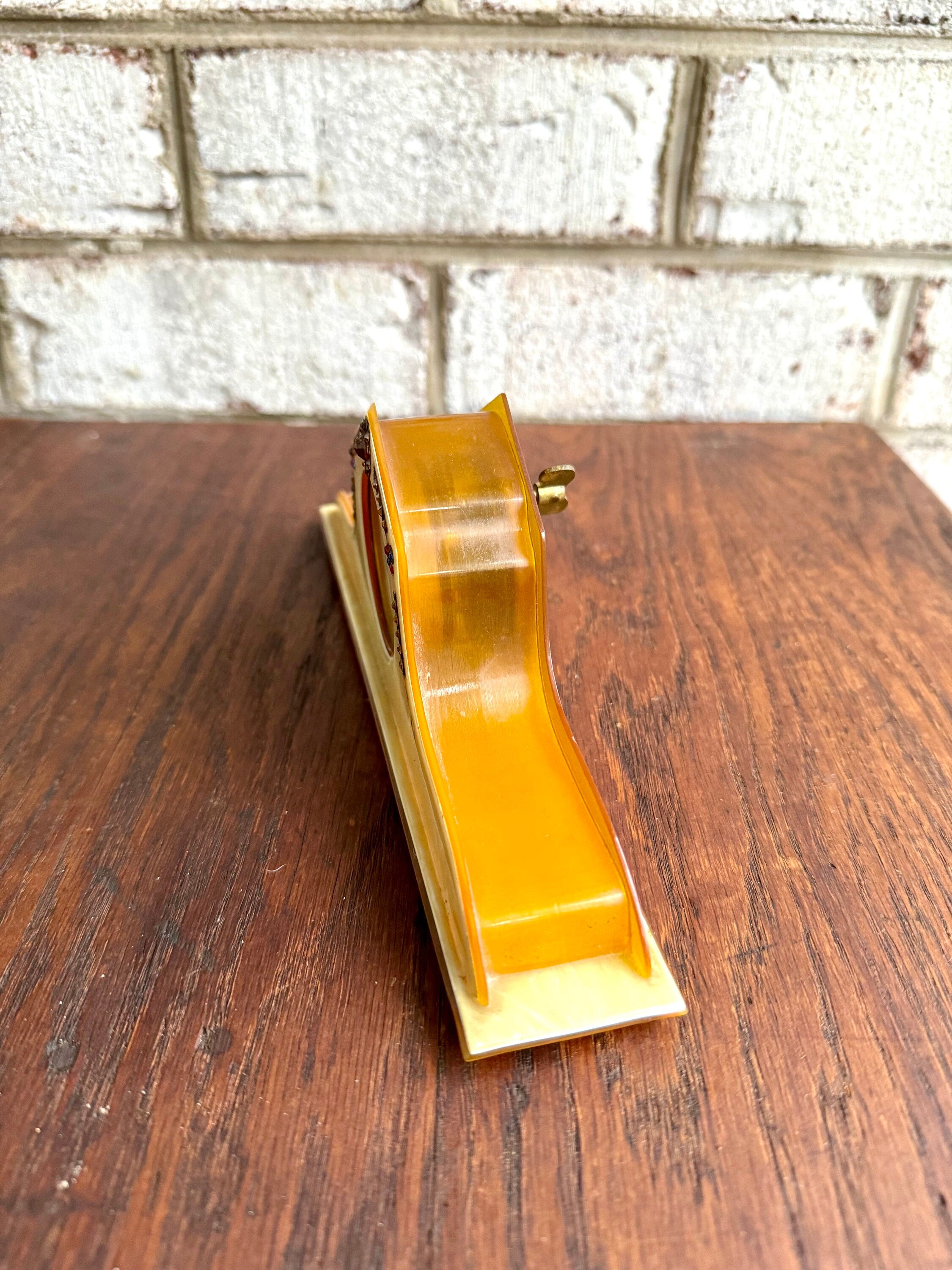 Celluloid & Bakelite Vanity Clock | Vintage Ornate Celluloid Bakelite Dresser Clock | Small Made In USA Celluloid Vanity Clock | Art Deco Clock