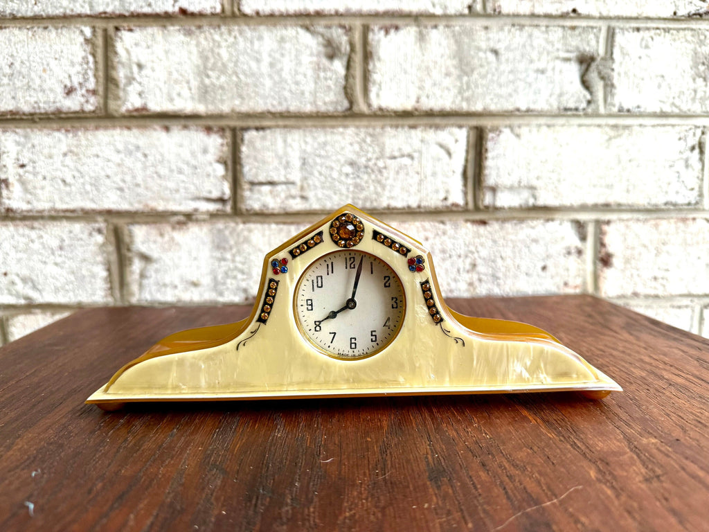 Celluloid & Bakelite Vanity Clock | Vintage Ornate Celluloid Bakelite Dresser Clock | Small Made In USA Celluloid Vanity Clock | Art Deco Clock