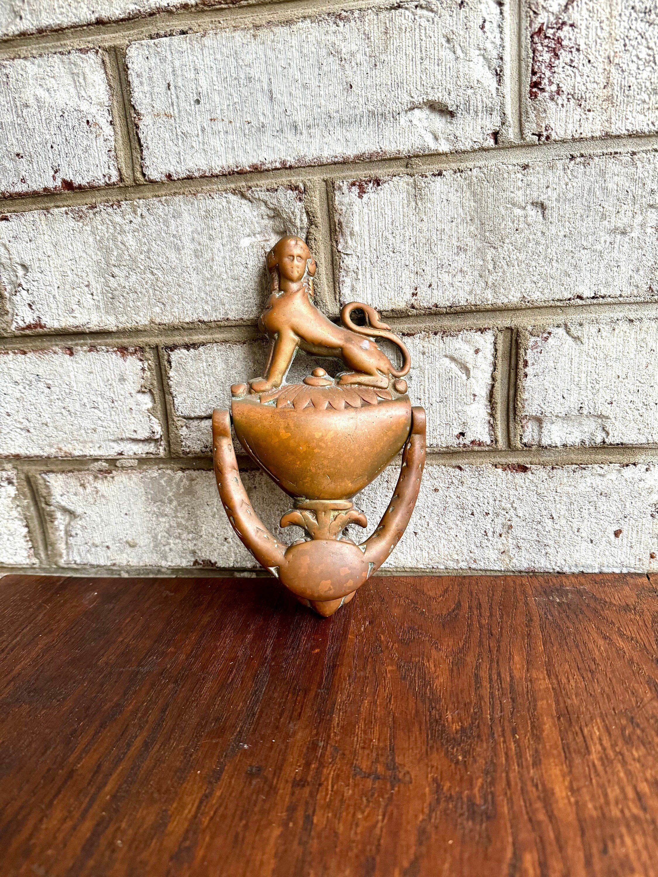 Antique Bronze Sphinx Door Knocker | Rustic 1800's Sphinx Door Knocker | English Regency Sphinx Door Decor | Neoclassic Motif Design Knocker