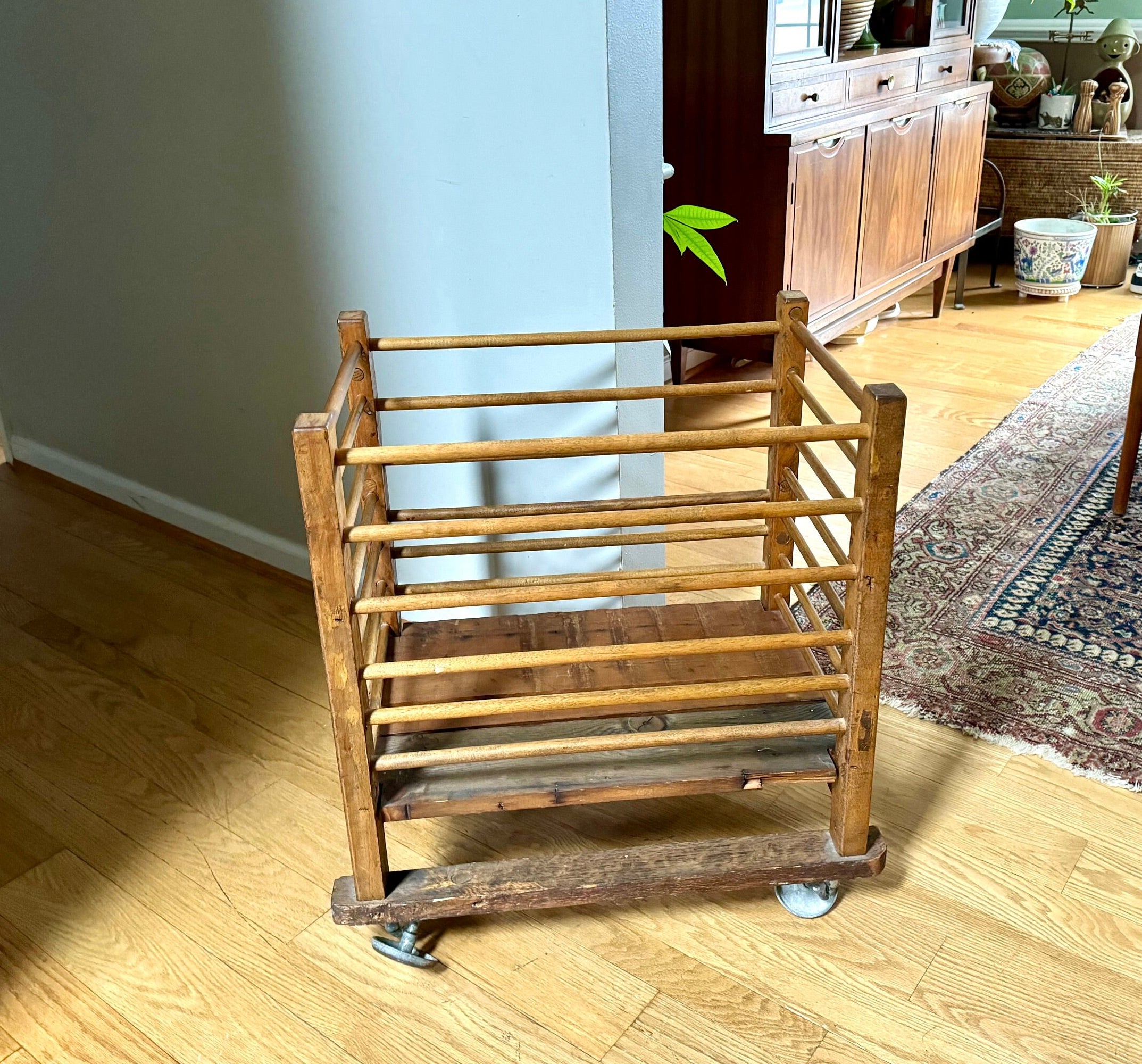 Antique Wooden Rolling Storage Cart | Rolling Cobblers Leather Scrap Cart | Oak Rolling Blanket Storage | Dowel Rod Storage Bin | Wood Bin