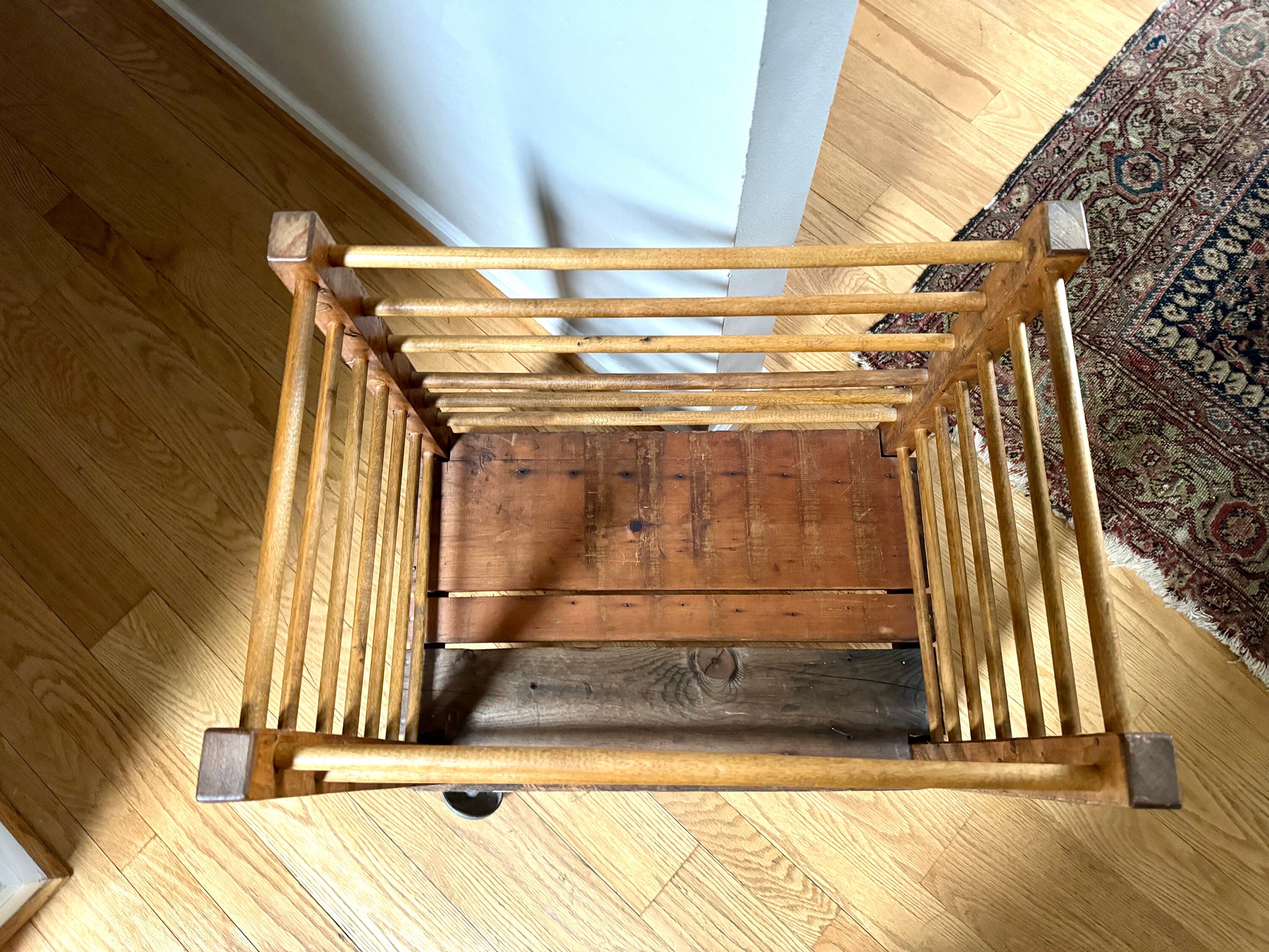Antique Wooden Rolling Storage Cart | Rolling Cobblers Leather Scrap Cart | Oak Rolling Blanket Storage | Dowel Rod Storage Bin | Wood Bin